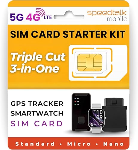 SpeedTalk Mobile Kit de inicio de tarjeta SIM con rastreador GPS | Tarjeta Simcard universal 3 en 1: estándar, micro, nano para niños mayores Pet