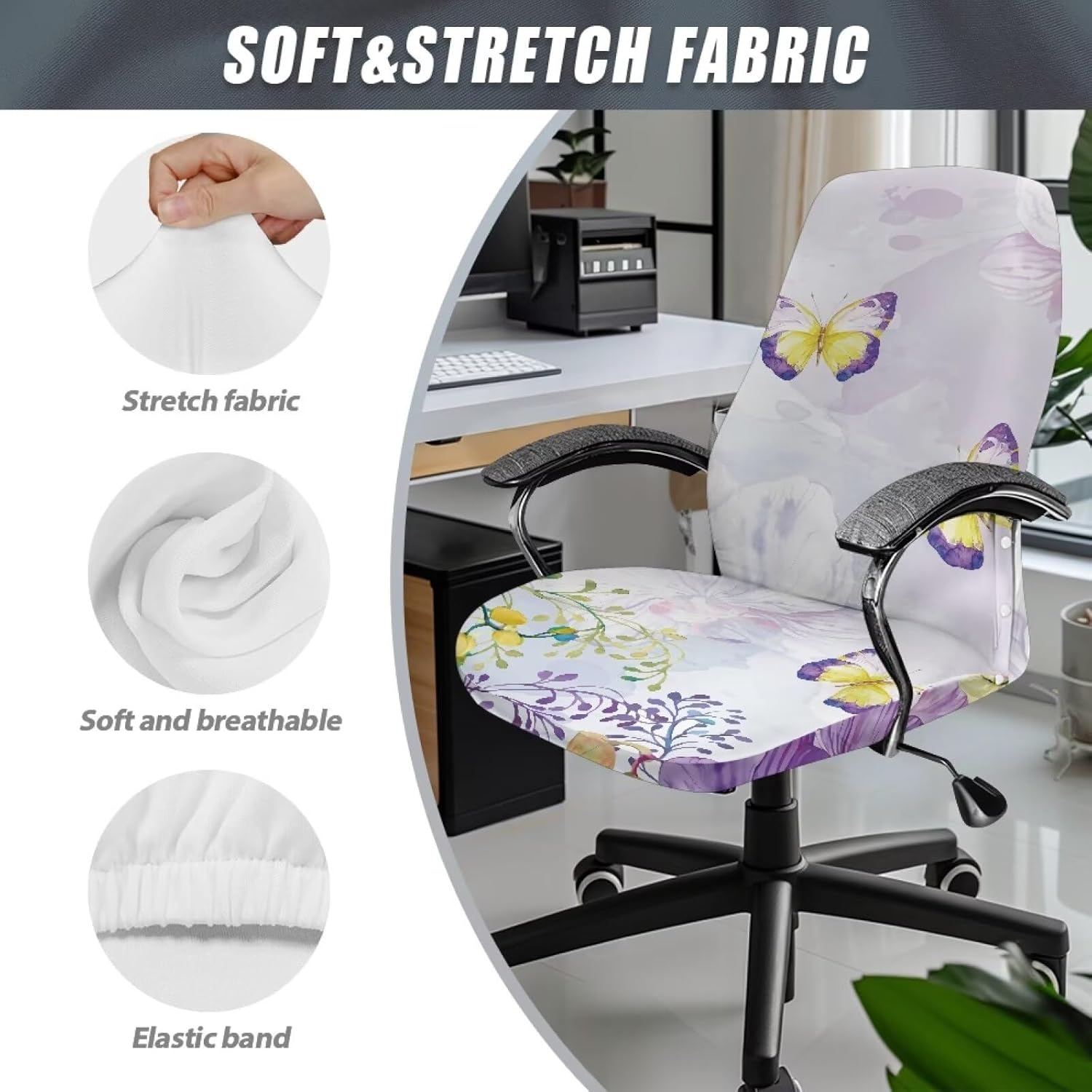 Butterfly Floral Office Chair Cover Water Resistant Dining Chair Cover with Elastic Edge Soft Desk Computer Chair Slipcover for Armchair or Armless Chair Slip Cover-L
