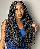MS.FEEL Knotless Boho Braided Wigs for Black Women Full Double Lace Human Hair Blended Synthetic Box Braids Wig with Bohemia Curly Ends (Natural Black, 30 Inch)
