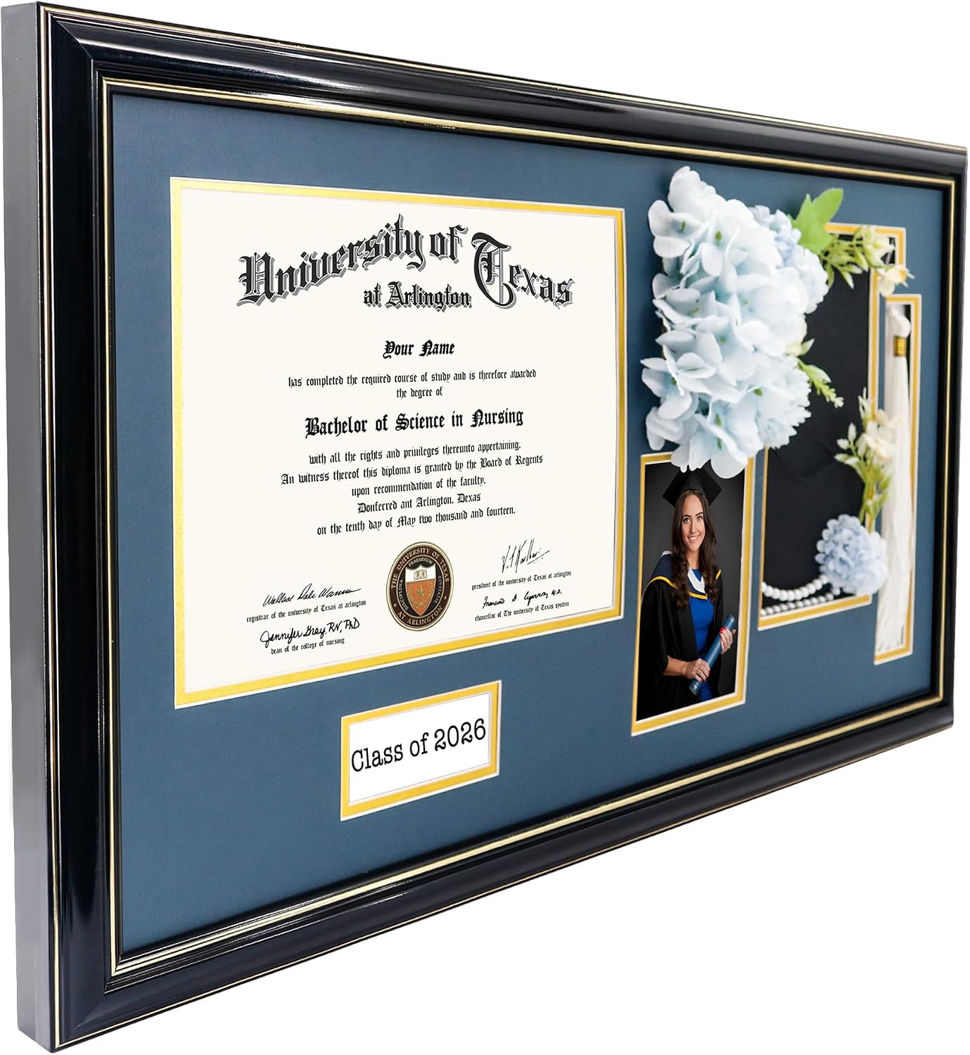 GraduationMall Class of 2026 Graduation Shadow Box Frame for 8.5x11 Diploma, 4x6 Picture with Cap & Tassel Holder, Black Wood Display Case with Navy Gold Mat