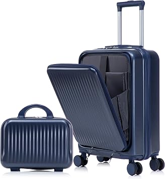 Campfun 20 Inch Carry On Luggage Front Open, 22x14x9 Airline Approved Suitcase with 14" Cosmetic Case, Durable ABS Luggage with Double Spinner, Lightweight Travel Navy Suitcase for Men Women