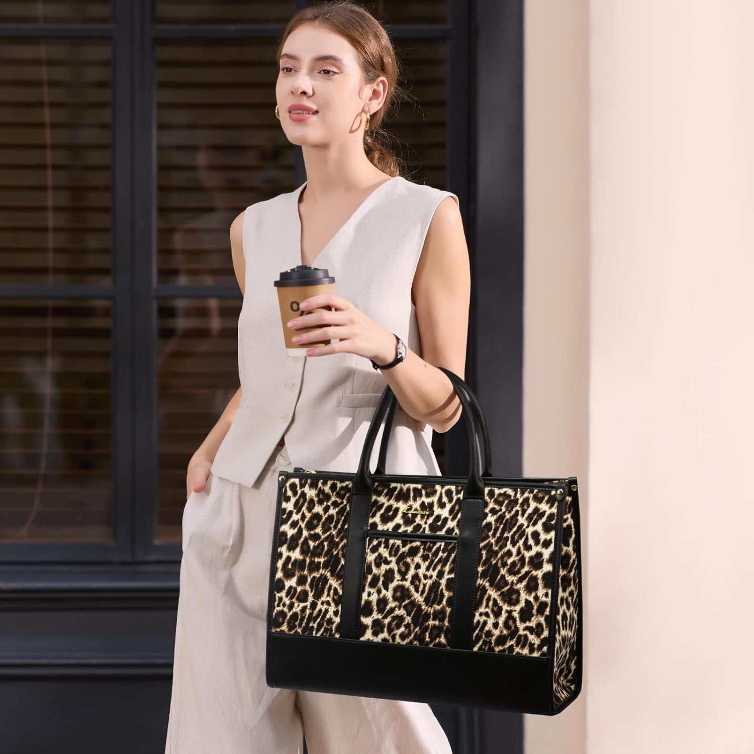 LOVEVOOK Laptop Tote Bags for Women Canvas Work Bag 15.6 inch Large Professional Teacher Purse Lightweight Computer Bag Briefcase Business Office, Leopard-black 15.6inch Leopard-black