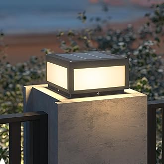 Solar Pillar Light Outdoor, 9.84" Modern Post Light Dusk to Dawn IP54 Waterproof Solar Column Cap Lights LED 3000K Deck Lantern Lamp for Patio Garden Decoration with E26 Bulb(Grey)