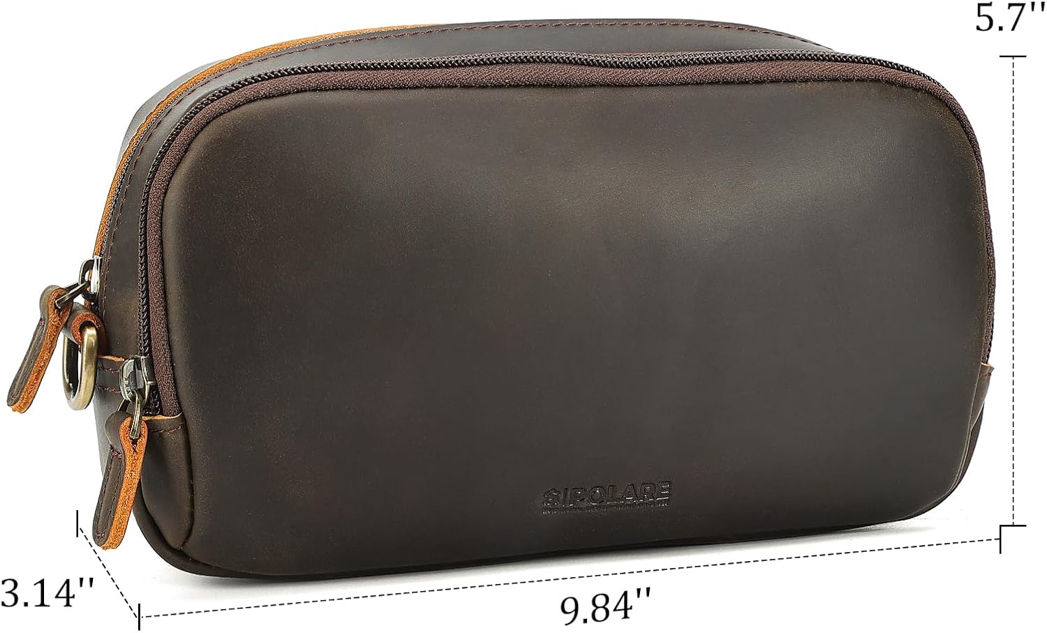 Polare Full Grain Leather Travel Electronics Organizer Case Cable Storage Carry Bag with YKK Zippers Tech Pouch for Cord, Phone, Cables, USB, SD Card, Travel Essentials