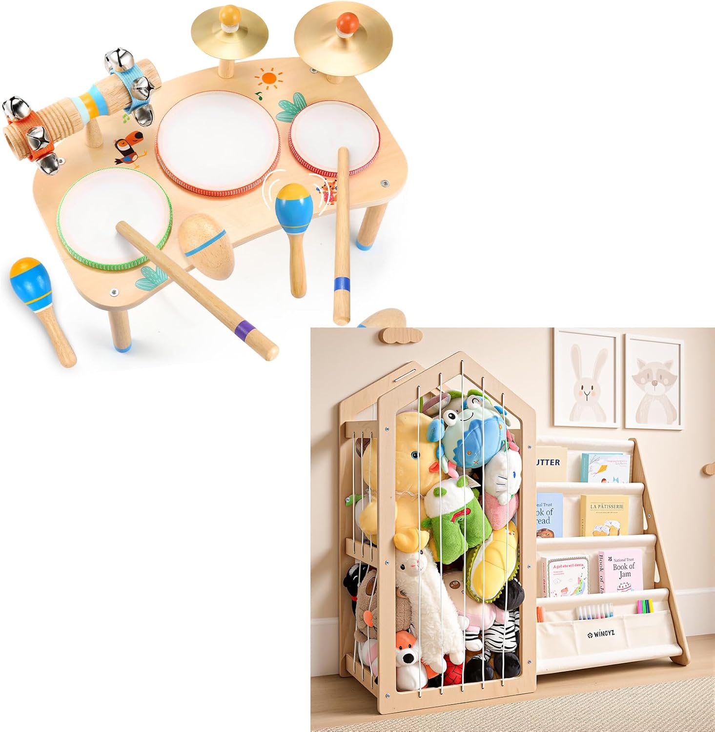 WINGYZ 11-in-1 Kids Drum Set + Toy Storage Organizer and Kids Bookshelf