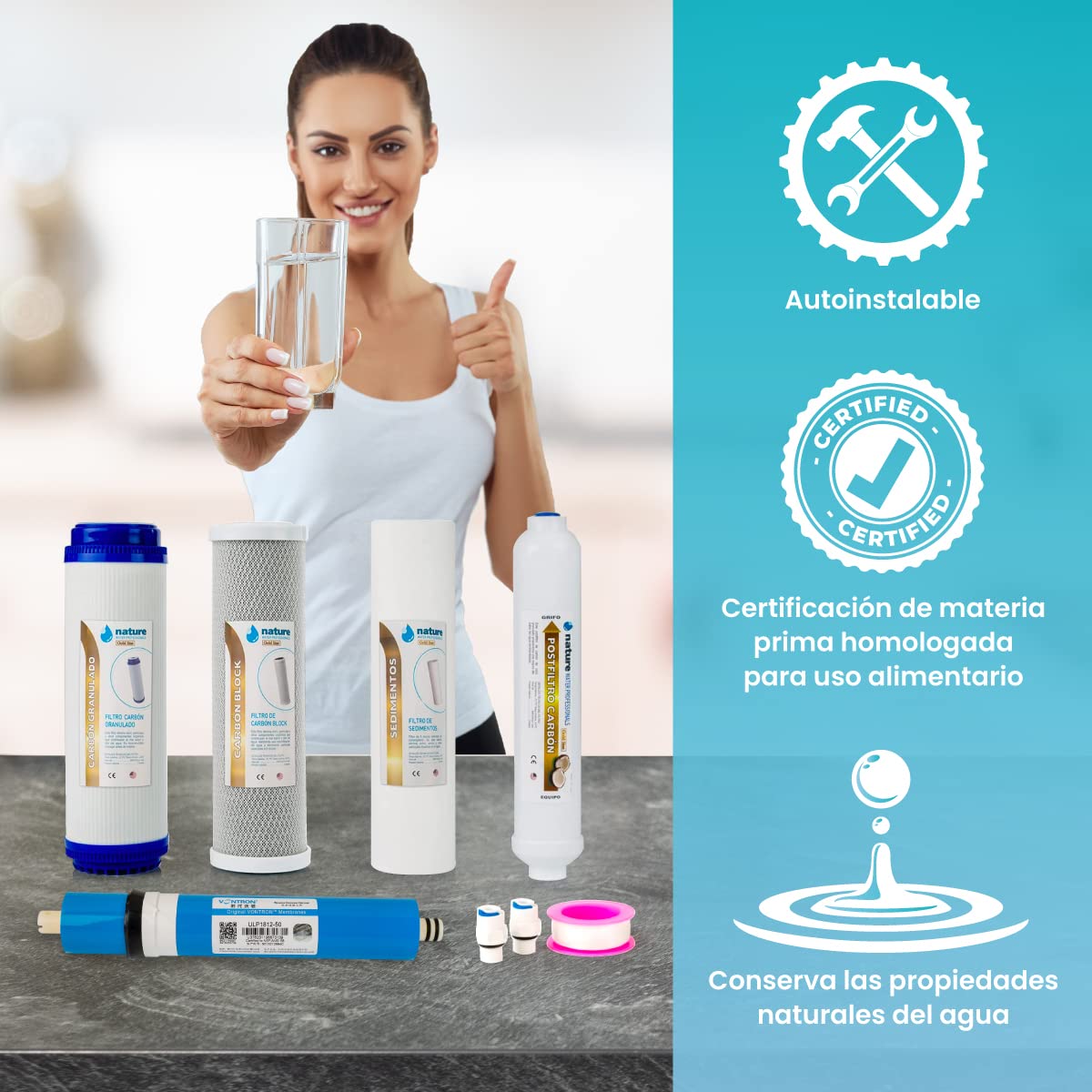 Kit de 4 Filtros Universales para Osmosis Inversa - Incluye Membrana Vontron y Rollo de Teflón - Ideal para Equipo de 5 Etapas Universal - 50GPD - Nature Water Professionals