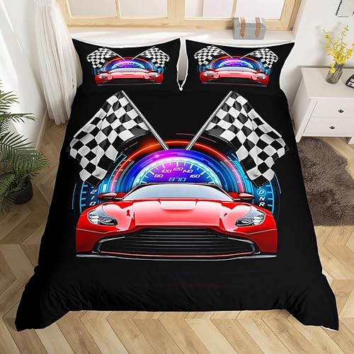 Vista 3 de Erosebridal Funda de edredón roja de coche de carreras para niños y adolescentes, juego de ropa de cama de coche de carreras tamaño Queen, funda