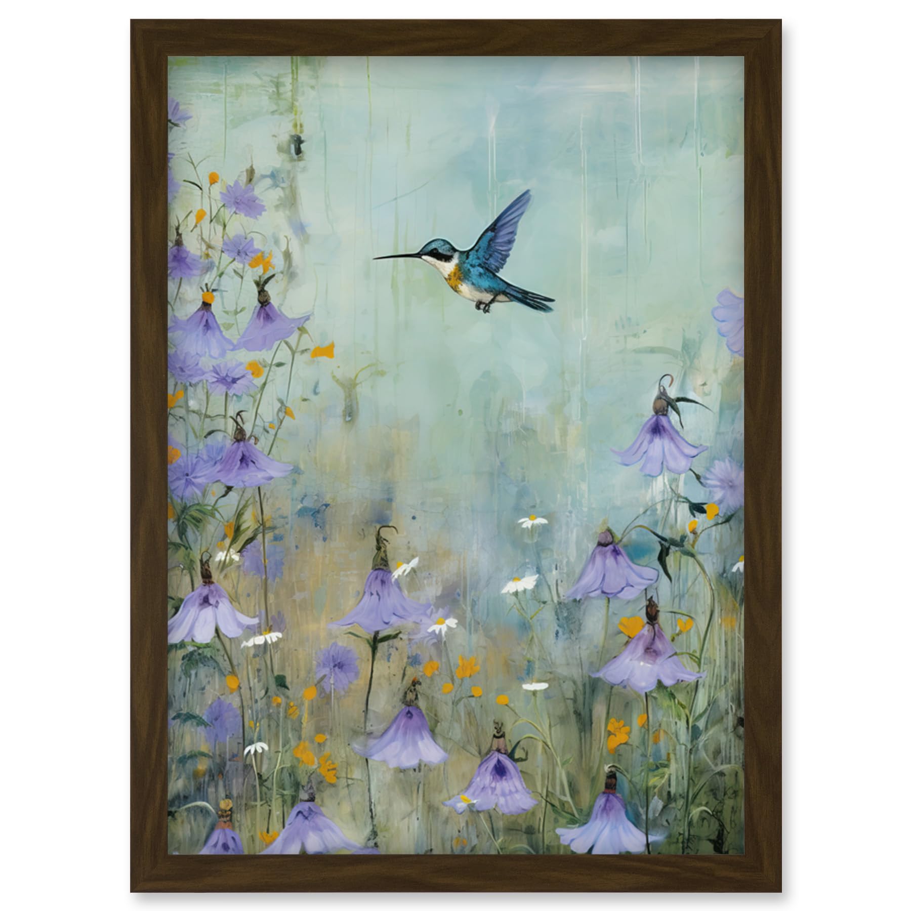 Artery8 Bluebell Hummingbird Pastel Painting Nectar Flowers Field Oil Painting Colour Artwork Framed Wall Art Print A4