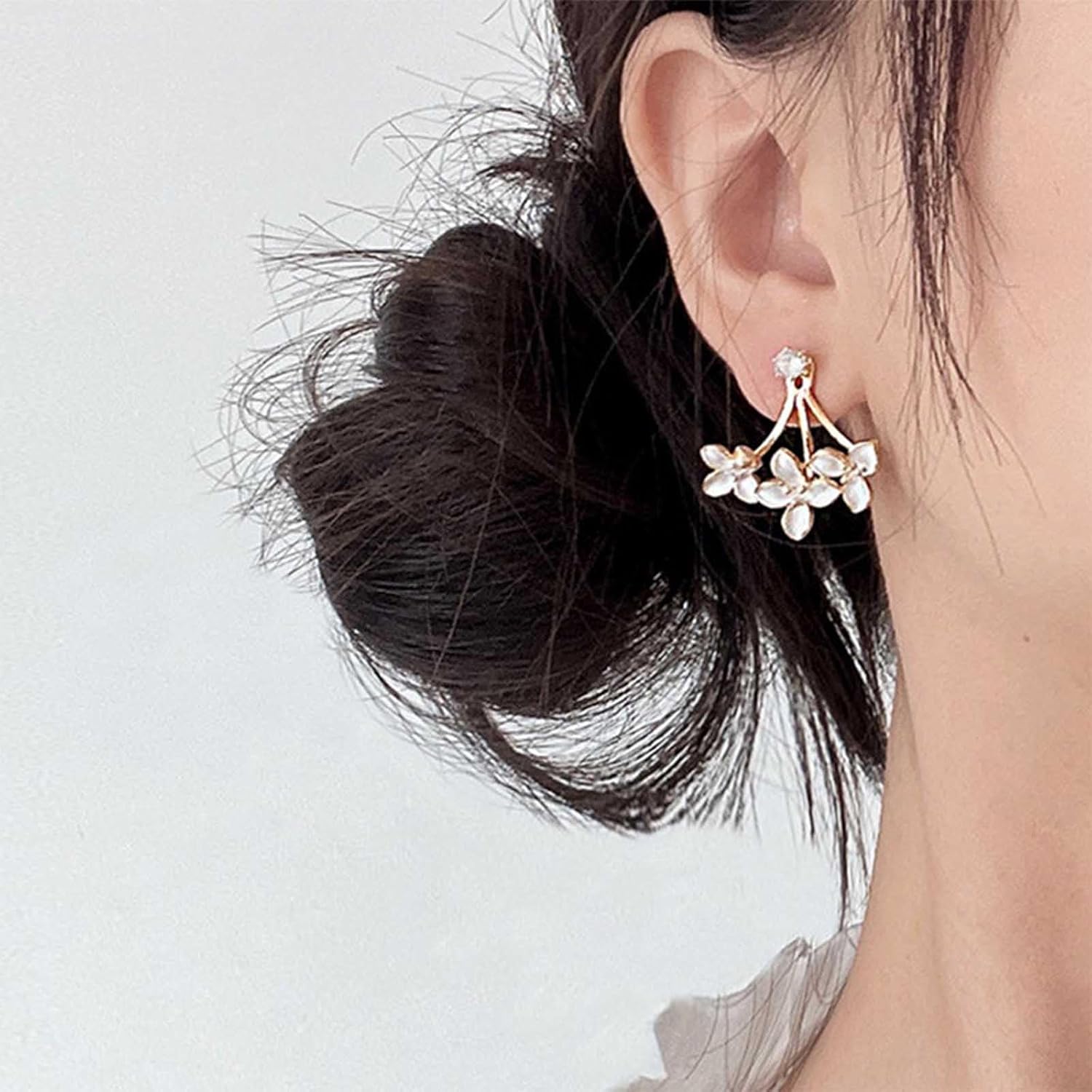 Bohemian Flower Crystal Jacket Earrings Vintage Crystal Earrings White Flowers Earrings Gold Crystal Stud Earrings Rhinestone Flowers Earrings Crystal Front Back Earrings Jewelry for Women - Image 2