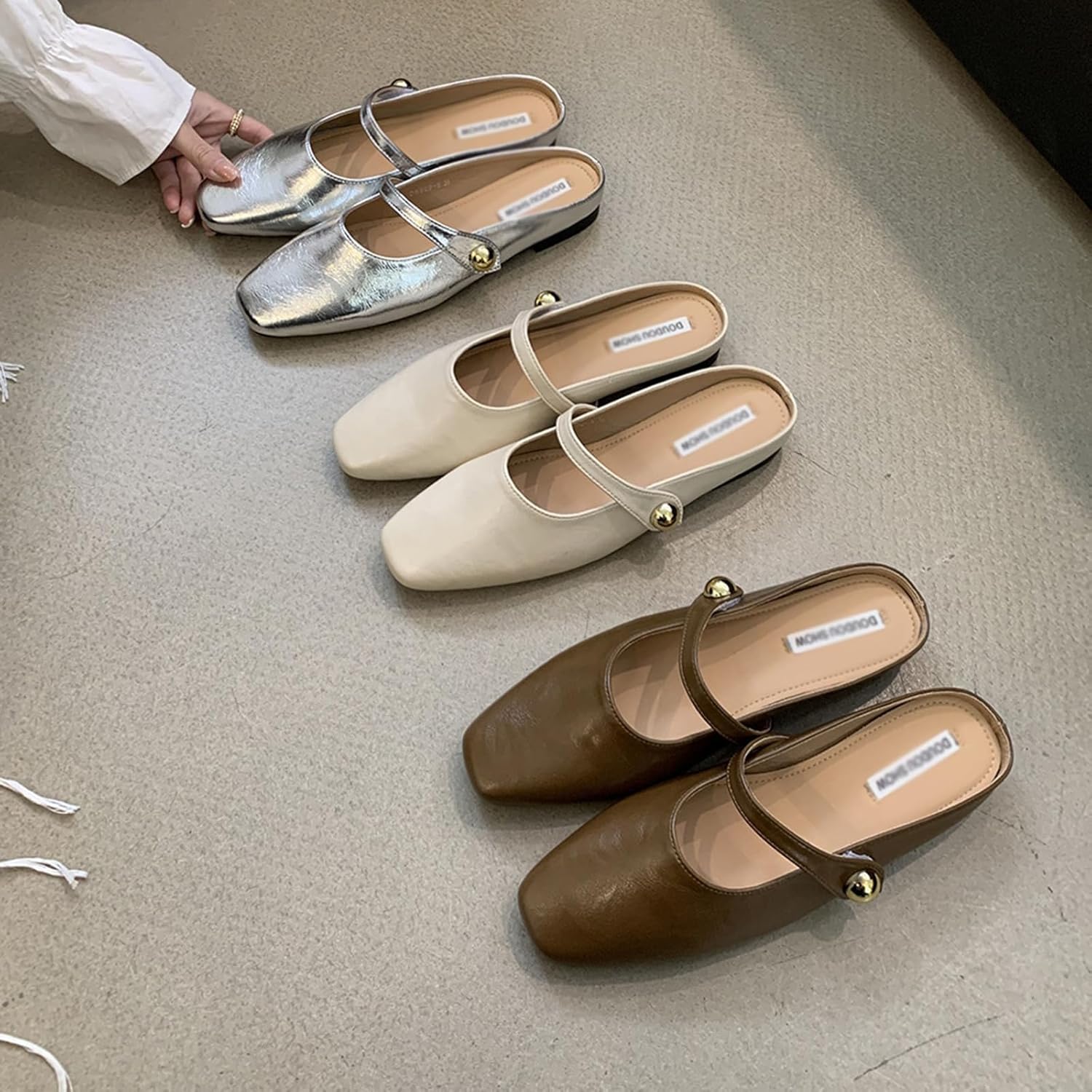 Women's Leather Pearl Closed Toe Mary Jane Flat Mules Fashion Square Toe Soft Sole Comfortable Slip on Backless Flats Casual Office Dressy Sandals Walking Shoes Mules - Image 7