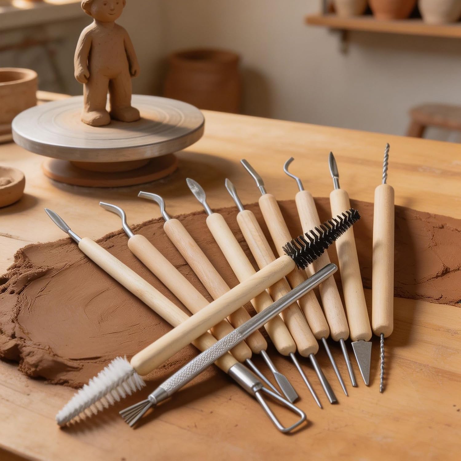 SOESFOUFU 1 Set Clay Sculpting Tools - Pottery Kit for Carving, Trimming, Shaping, & Cleaning Clay - Dual End Wooden Modeling Tools - Ceramic Craft Supplies for Beginners & Artists