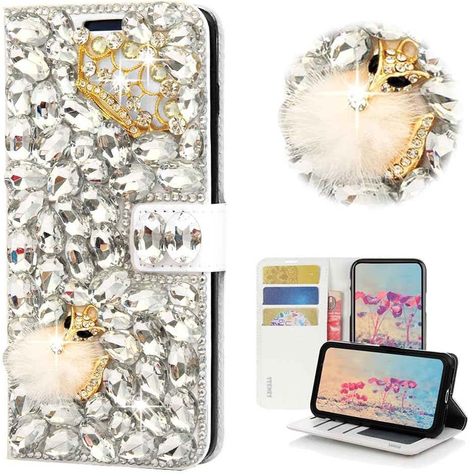 STENES Bling Wallet Phone Case Compatible with Samsung Galaxy S20 Ultra - Stylish - 3D Handmade Crystal Crown Fox Magnetic Wallet Leather Cover with Screen Protector & Neck Strap Lanyard - White