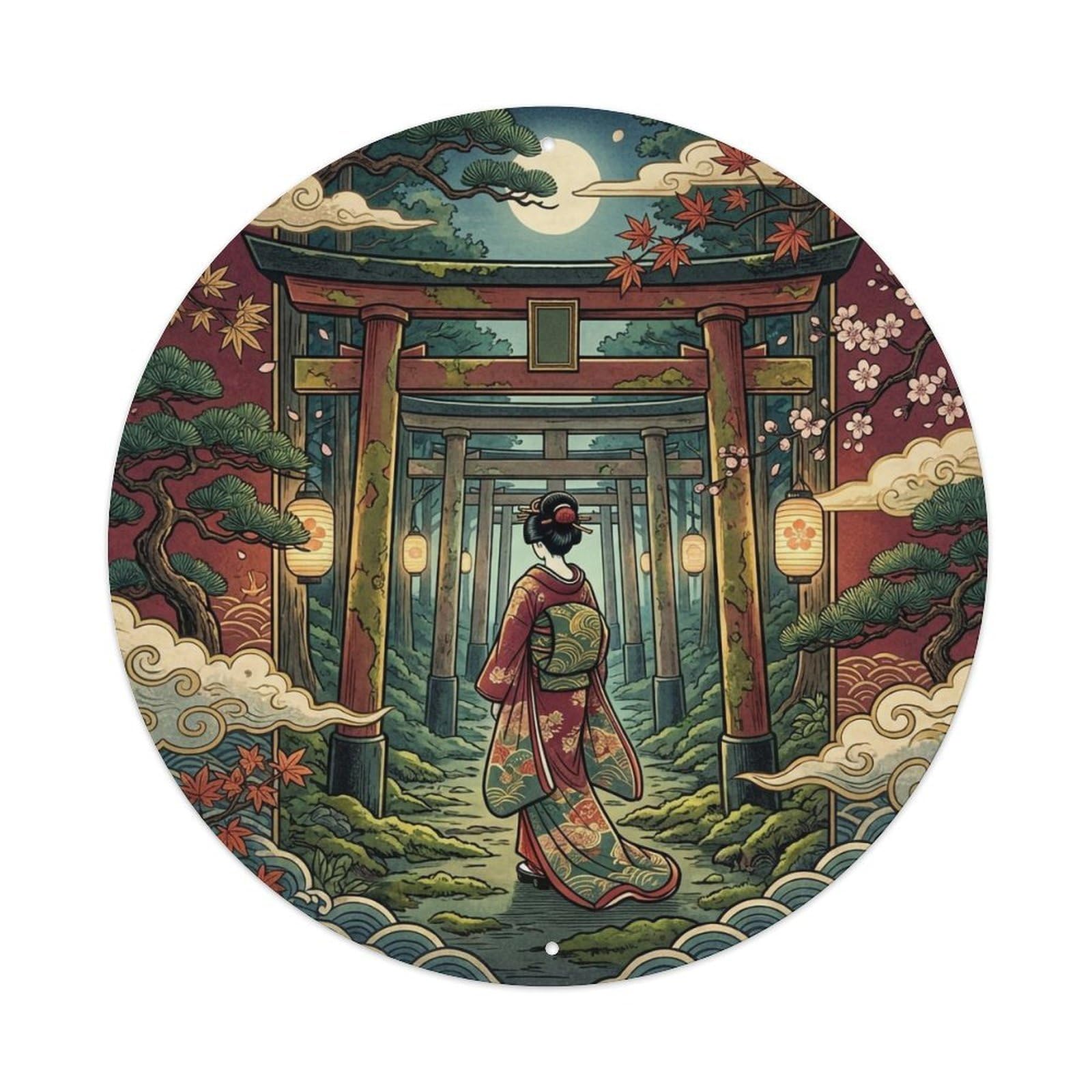Yrnq 8X8inch Vintage Style Japanese Geisha Forest Torii Walking Through Sacred Metal Tin Sign