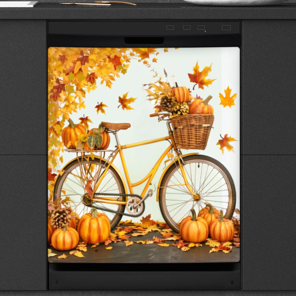 Dishwasher Magnet Cover Fall Maple Bicycle Pumpkins Reusable Dishwasher Magnetic Cover Sticker Decorative Dish Washer Door Cover Panel for Home Kitcen Appliance