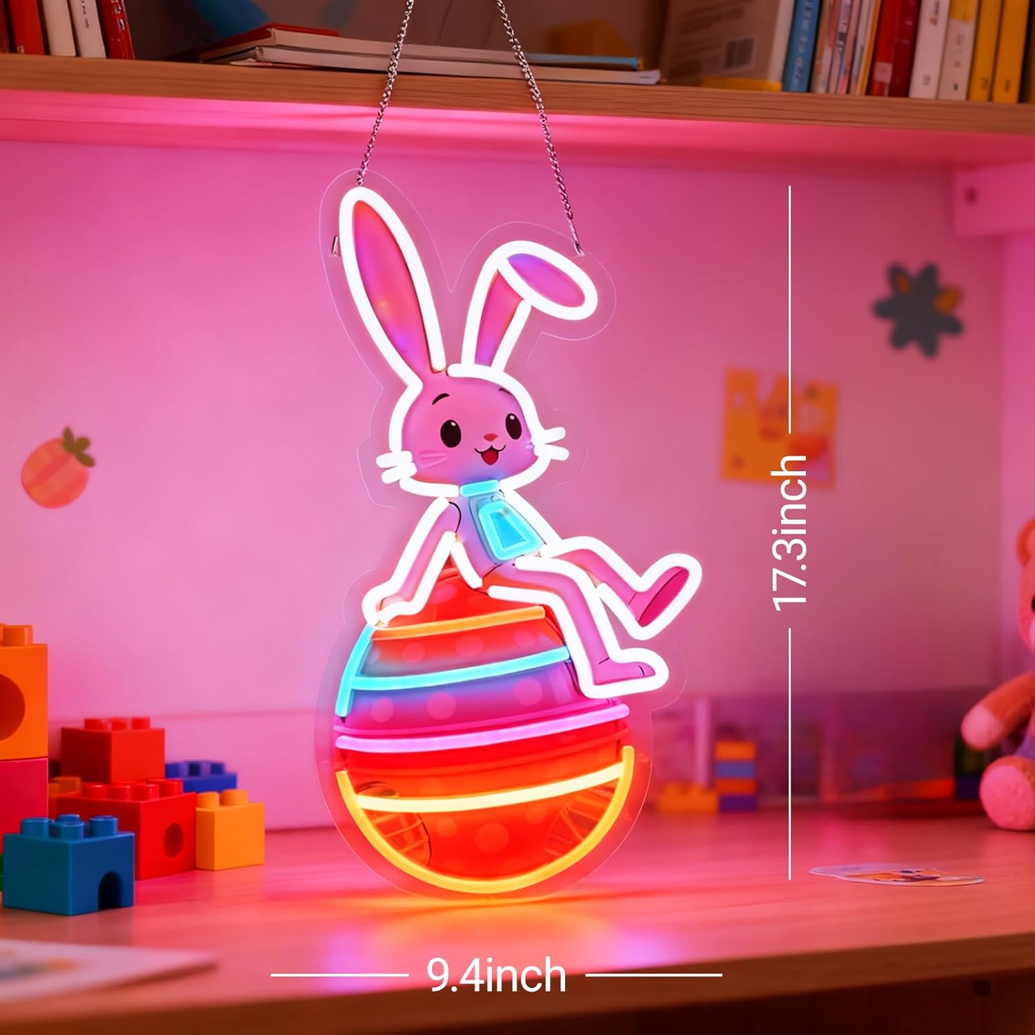 Easter Egg Neon Sign with Bunny - 17.3"x9.4" Easter Decorations LED Neon Light for Wall, USB Powered with 5-Level Dimmer, Spring Rabbit Holiday Decor for Home, Party, Kids Room