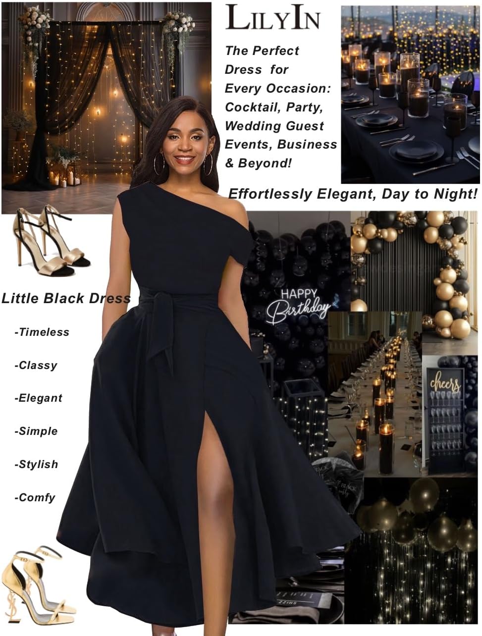 LILYIN Women's Elegant Off Shoulder Sleeveless Belted Side Slit Cocktail Swing Dress with Pockets - Image 3