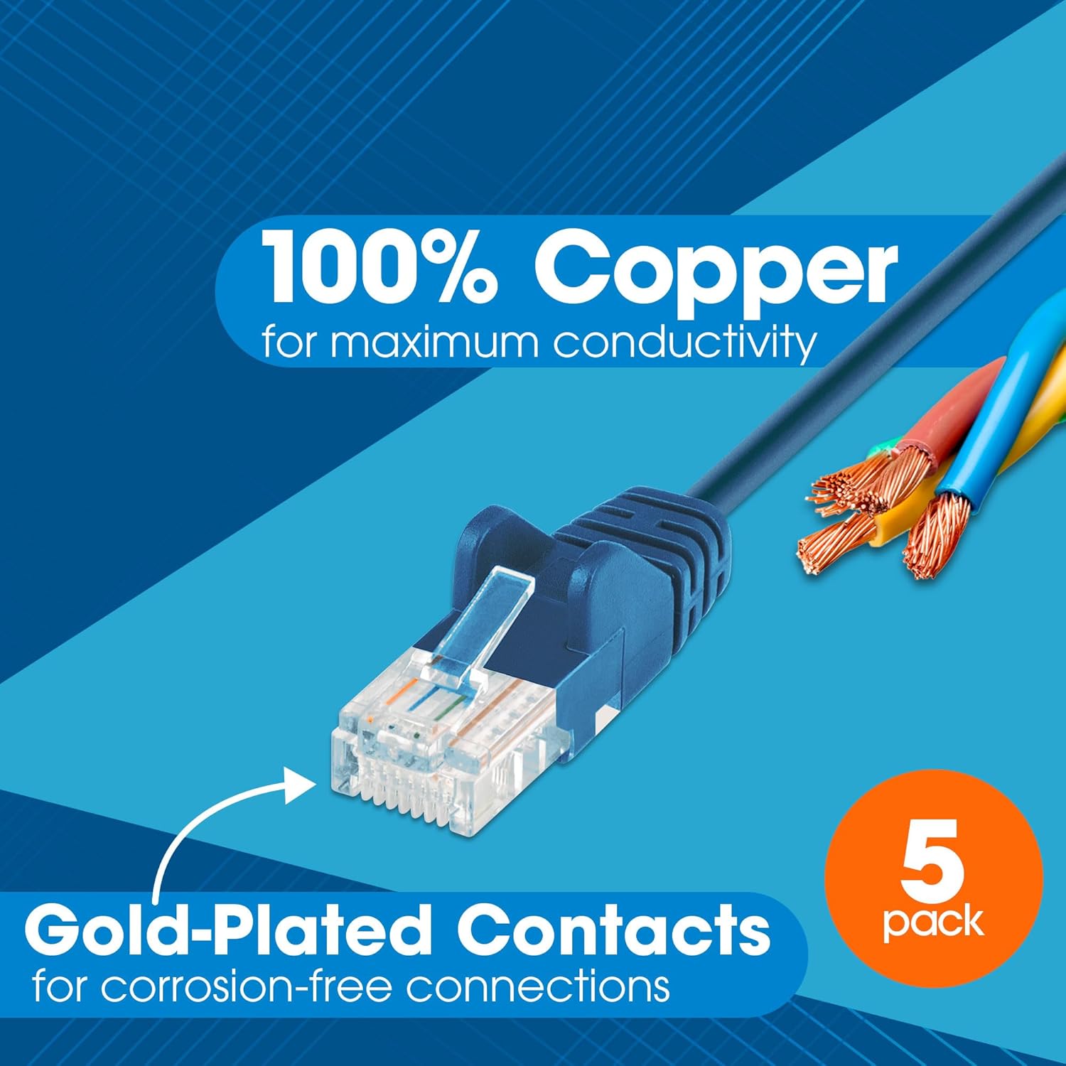 Intellinet Slim Cat6 Ethernet Network Patch Cable – 5 Pack - 10Gbps & 250MHz, Snagless Boot, 30AWG Pure Bare Copper Wire, Gold-Plated Contacts, Lifetime Mfg Warranty - 25ft, 5 Pack, Blue