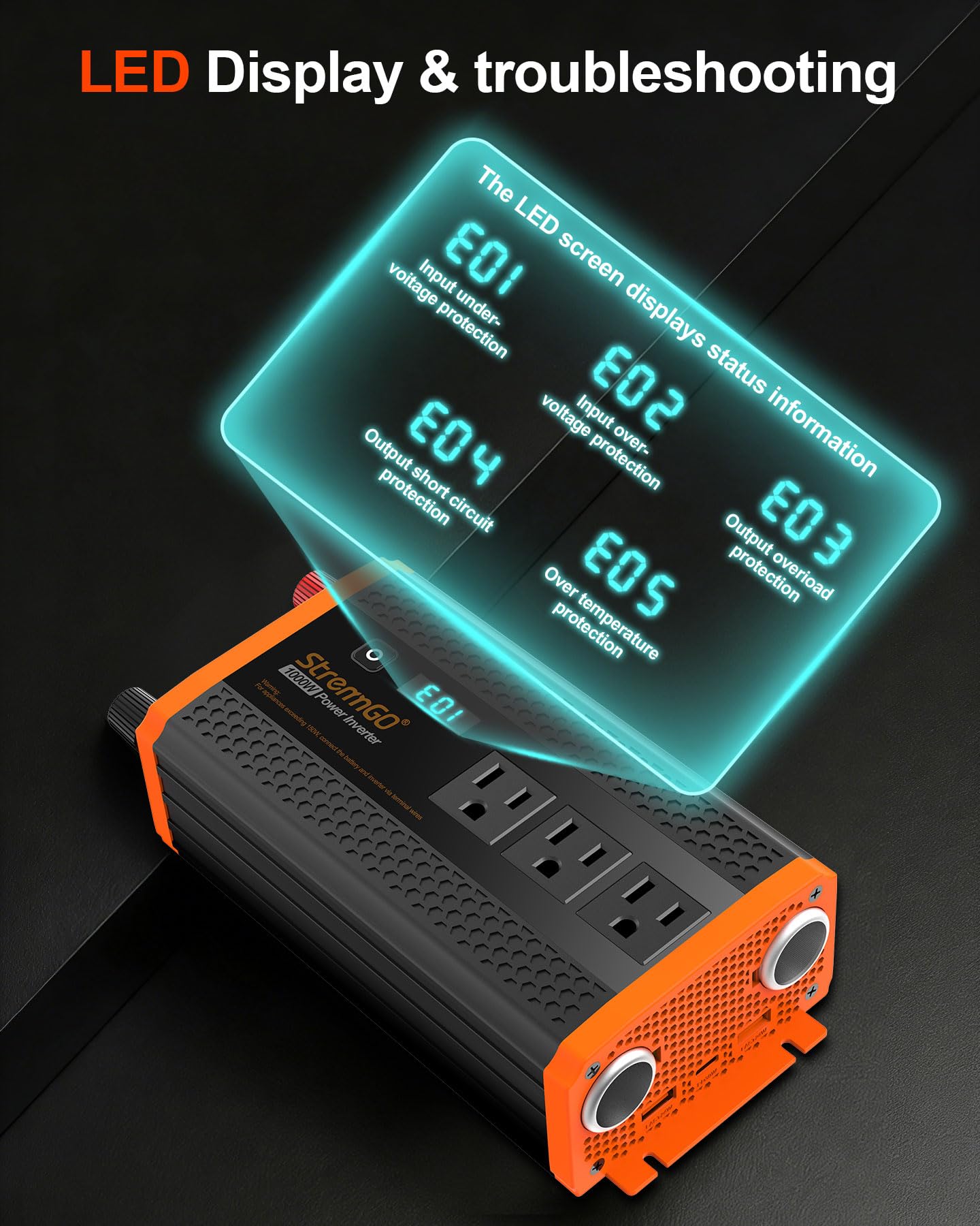 Inversor de potencia de 1000 W para vehículos, 12 V CC a 110/120 V CA Inversor de coche con 3 tomas de CA, cargador rápido USB 24 W/PD 30 W, convertidor de energía para coche, hogar
