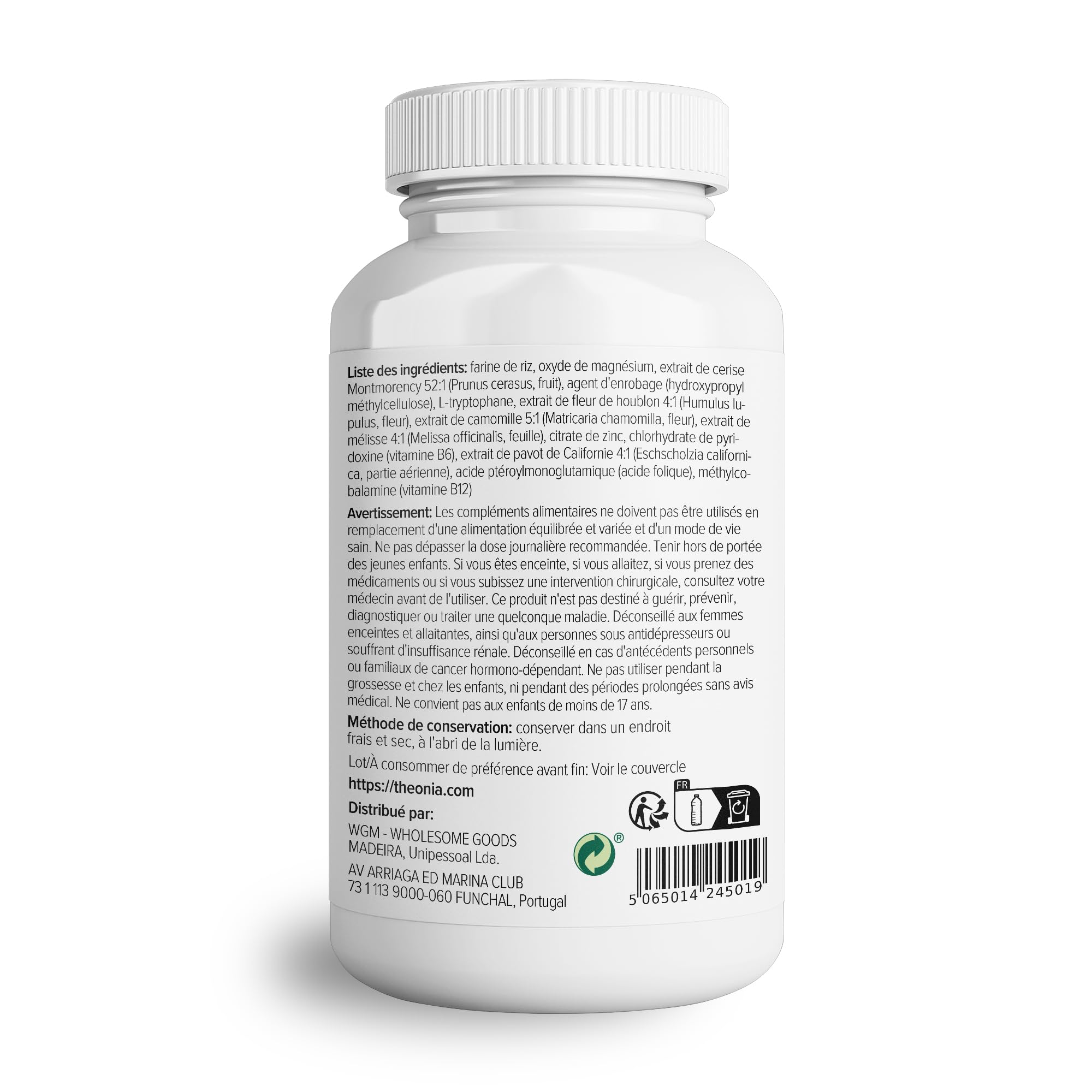 Complexe nuit de Theonia avec 100 mg L-tryptophane, camomille et Mélisse Supplément naturel pour le sommeil et la relaxation - 60 gélules, Sans OGM, Végétarien