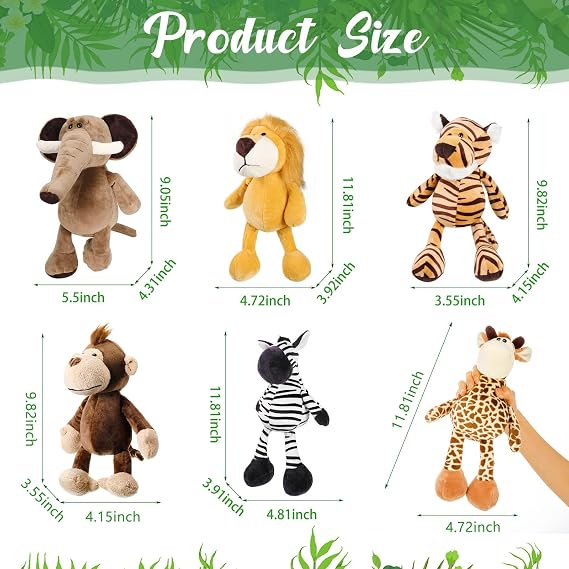 Halloscume 18 Pcs Safari Stuffed Animal, Plush Jungle Animal Toys for Girls Boys, 11.8'' Giraffe Lion Zebra 9.8'' Tiger Monkey 9'' Elephant for Adopt a Pet Party Favor Birthday Gifts Class Award
