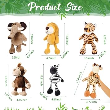 Halloscume 18 Pcs Safari Stuffed Animal, Plush Jungle Animal Toys for Girls Boys, 11.8'' Giraffe Lion Zebra 9.8'' Tiger Monkey 9'' Elephant for Adopt a Pet Party Favor Birthday Gifts Class Award