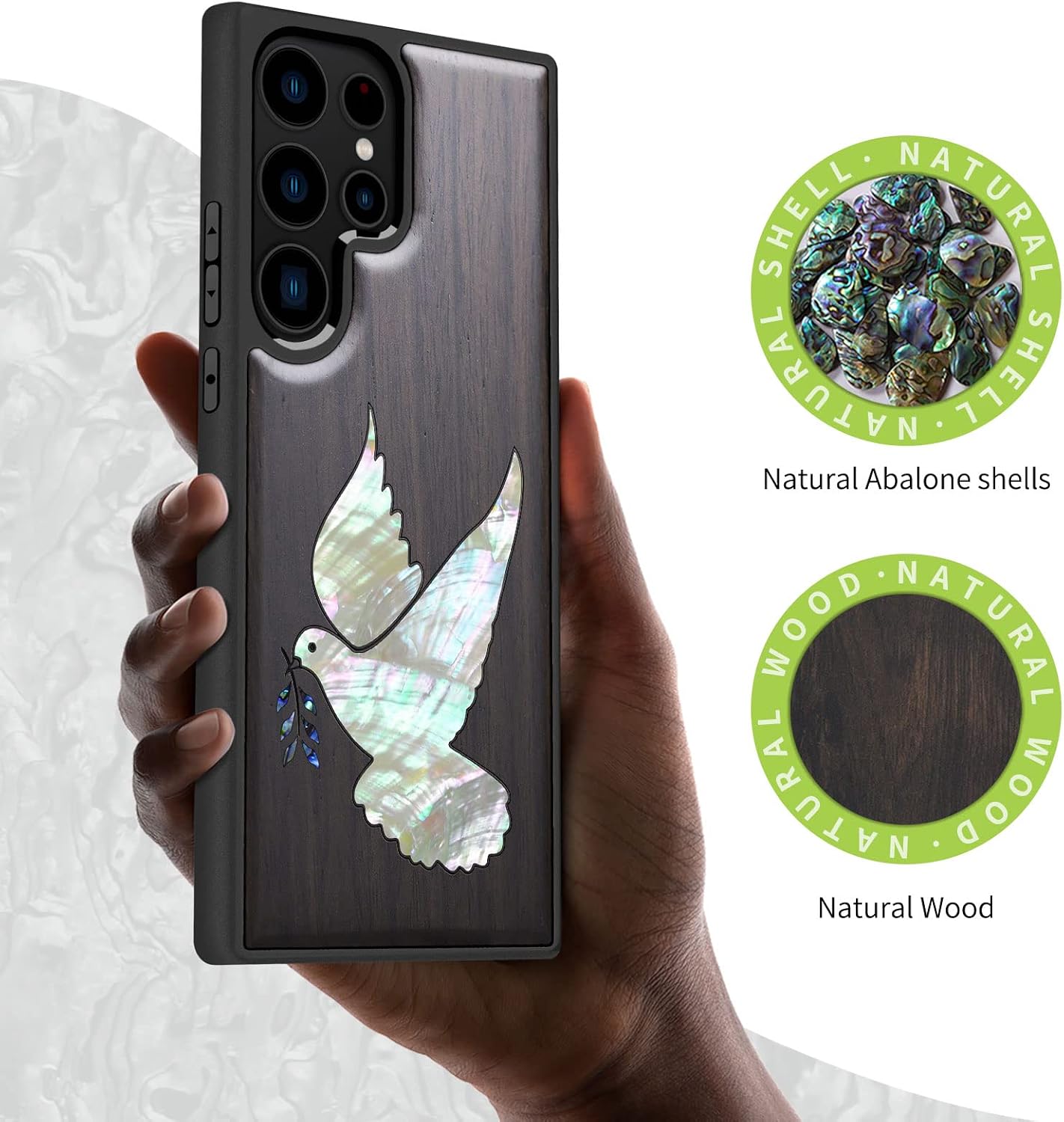 Carveit Designer Wooden Case for Samsung Galaxy S23 Ultra Cover [Wood Engraving & Shell Inlay] Wood Phone Case Compatible with Wireless Chargers Galaxy S23 Ultra Case (White-Dove-Blackwood)