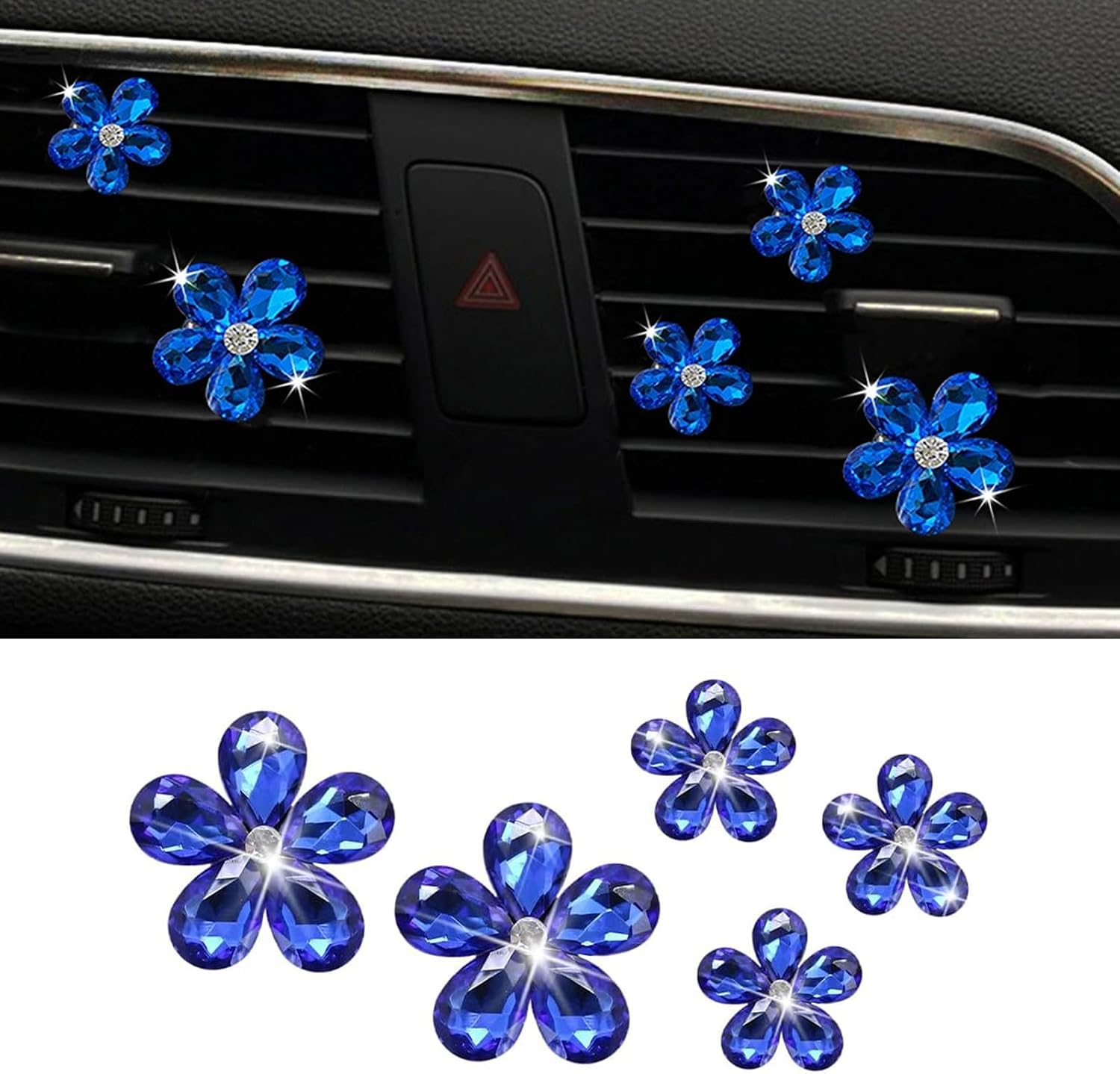 Bling Daisy Flower Car Air Vent Clips, 5PCS Sparkling Crystal Rhinestone Cute Vehicle Air Conditioning Clamp, Diamond Auto Air Outlet Clip Decor for Women Girls (Blue)