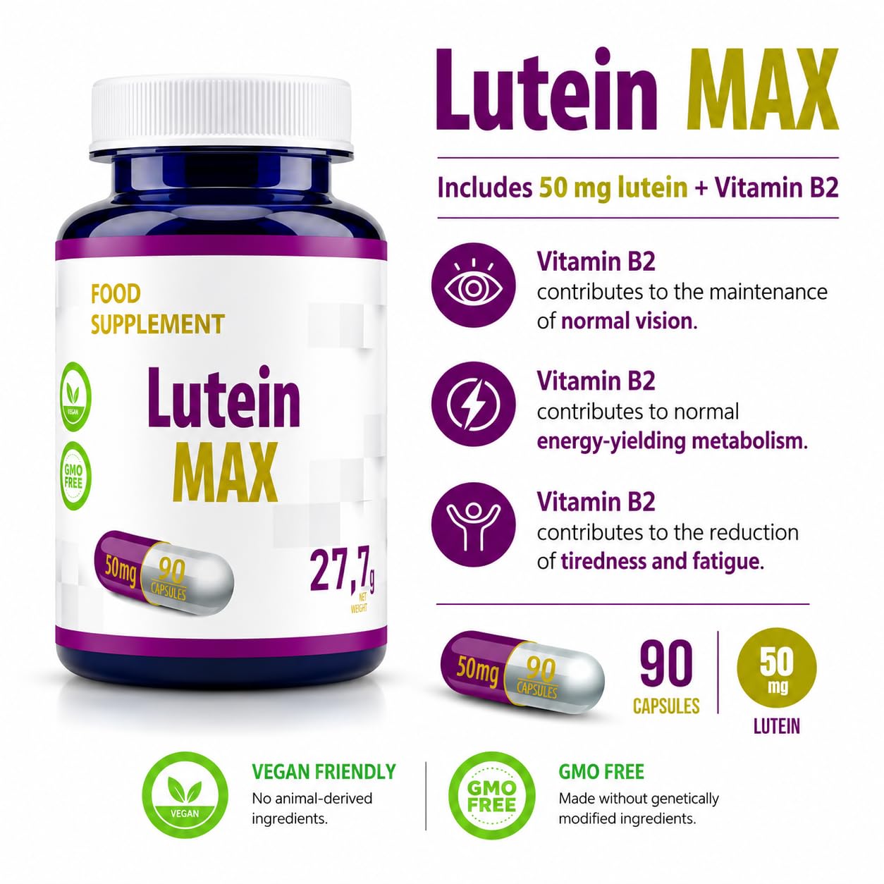 Hepatica Lutéine 50 mg avec Vitamine B2 | Extrait de Souci | 90 Gélules Véganes | Réserve 3 Mois | GMP & laboratoire indépendant