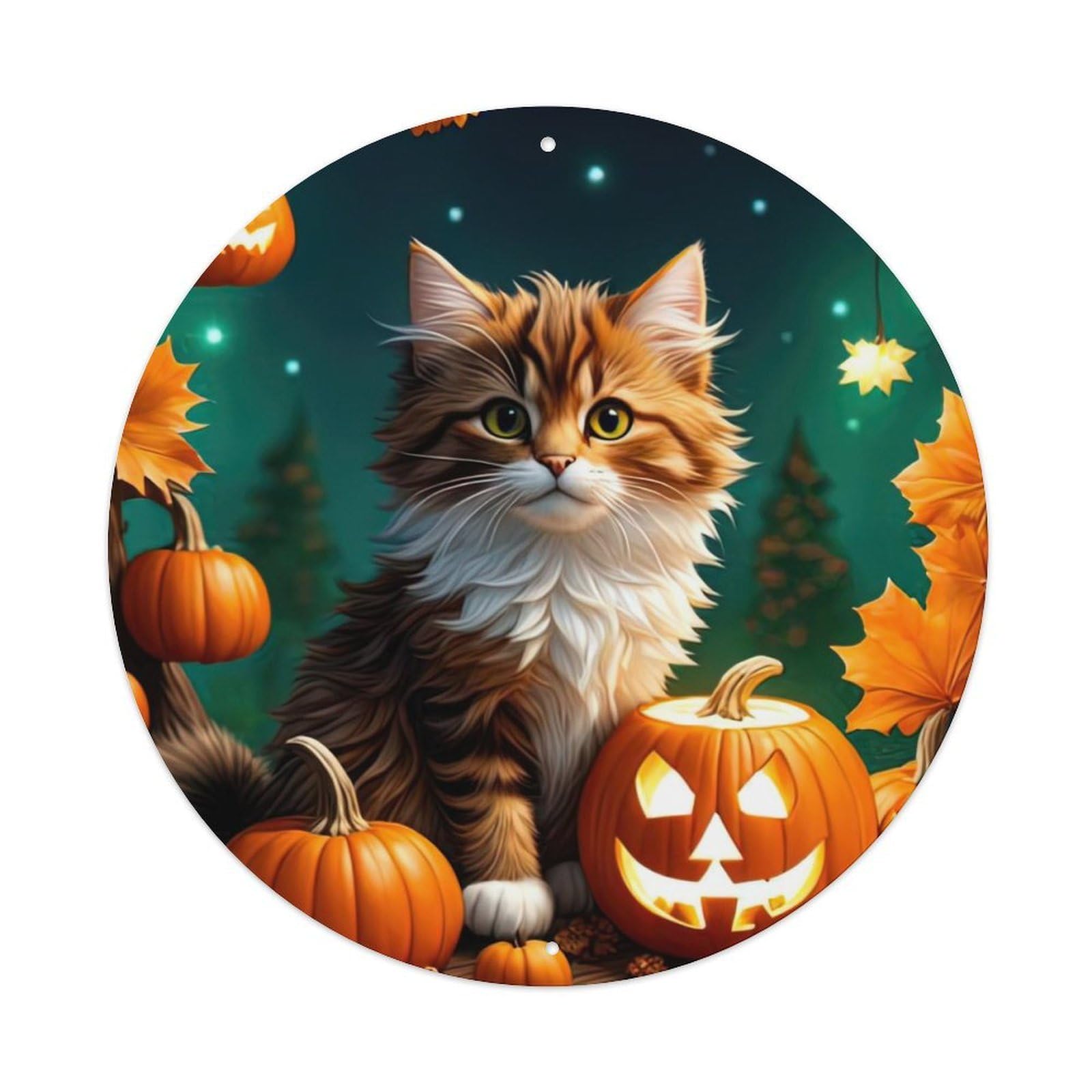 Animal Artwork Pumpkin And Kitten Vintage Metal Tin Sign Plaque Wall Decor for Cafe, Club, Garden Round Metal Poster 8x8Inch