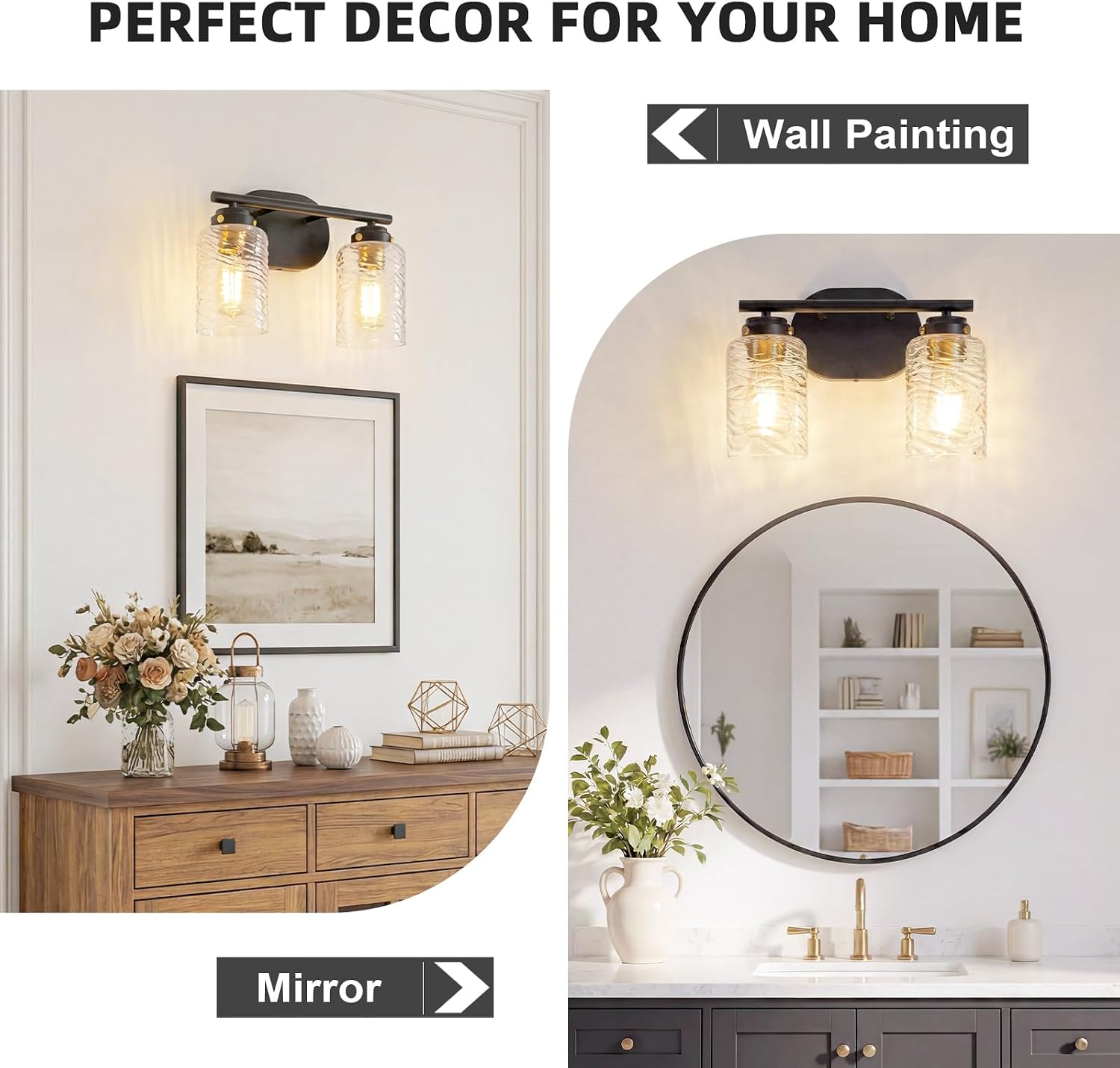 2-Light Bathroom Light Fixtures 13 Inch Black Vanity Lights for Bathroom Lighting Fixtures Over Mirror with Thick Water Ripple Clear Glass Shade for Mirror Bedroom Hallway