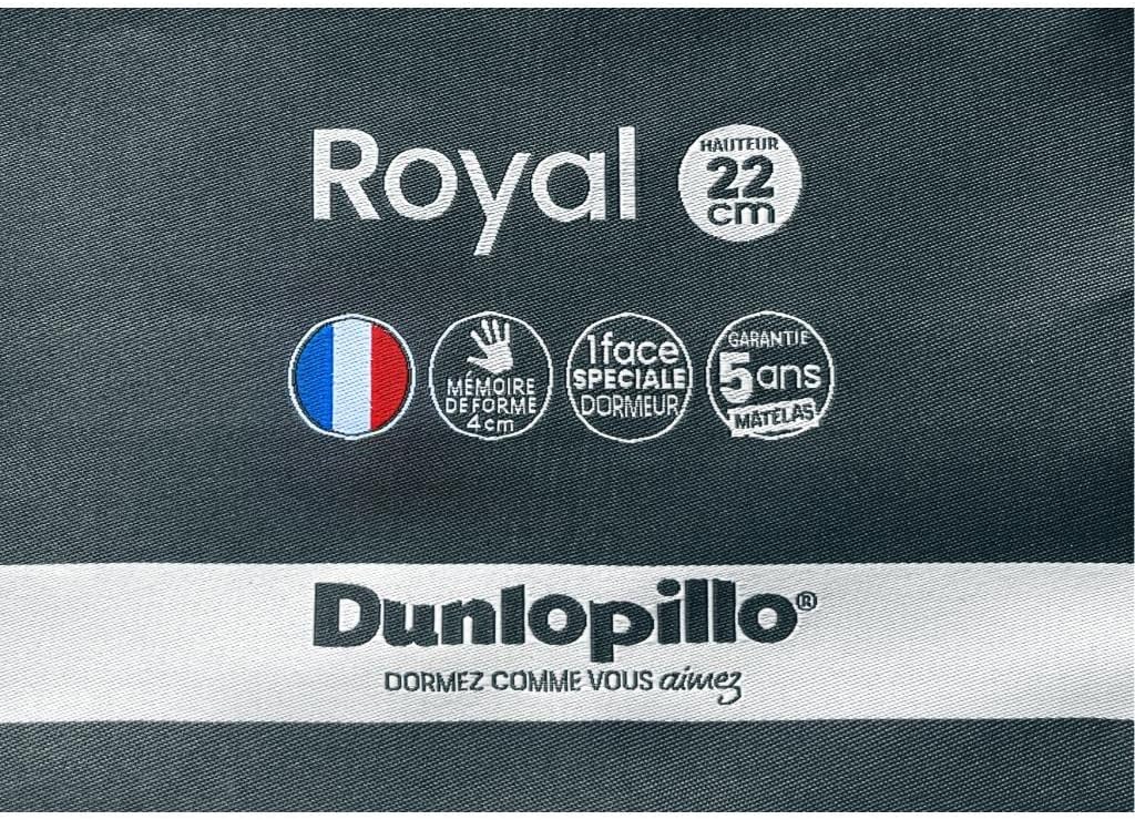 Close-up of the Dunlopillo Royal 22cm memory foam mattress label