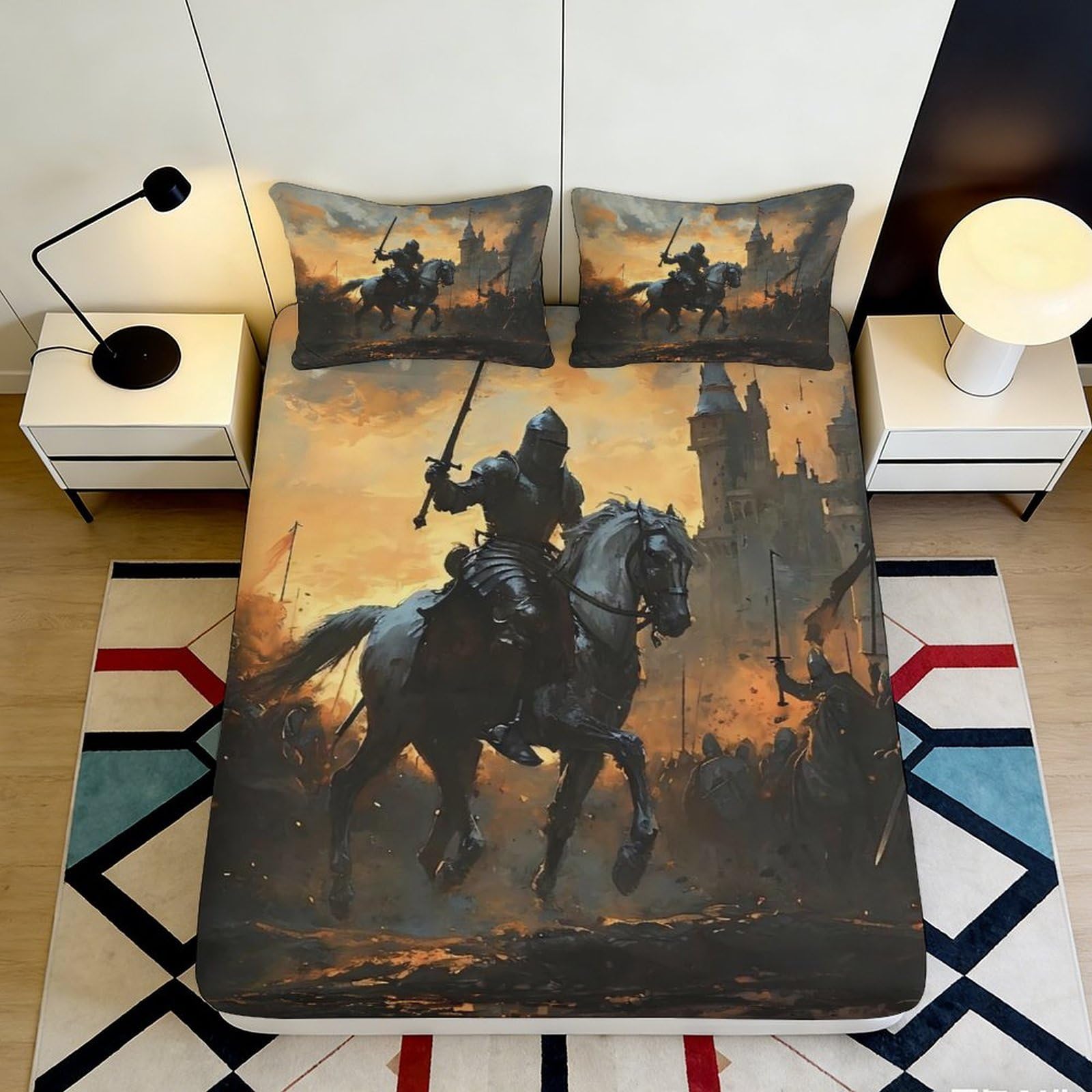 3D Printed Knight Battle Fitted Sheet Microfiber Durable Soft 3D Printed Medieval Mattress Cover for Bedroom Dormitory Guest Room Protection 90x200x25cm