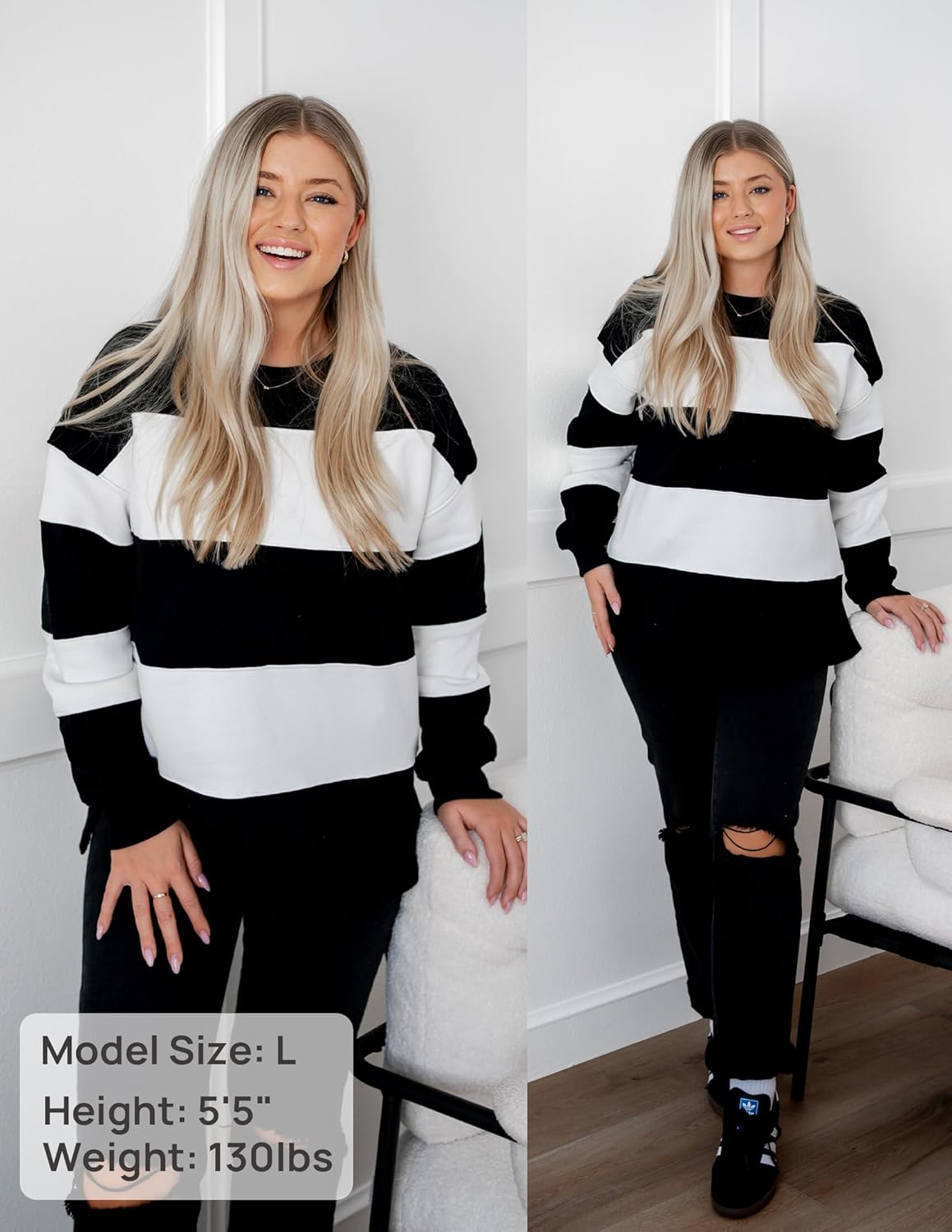ZESICA Women's Fall Sweatshirt Tops Crewneck Long Sleeve Loose Oversized Striped Fleece Pullover 2026 Clothes - Image 6