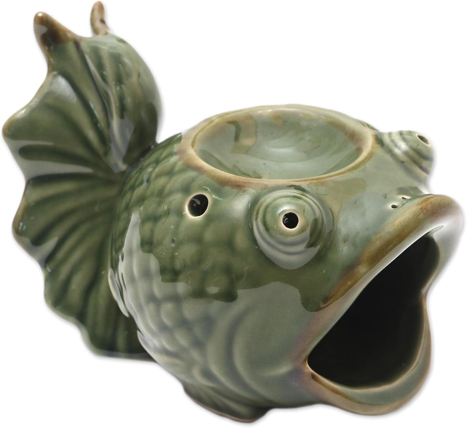 NOVICA Artisan Handmade Ceramic Oil Warmer Green Koi Fish Indonesia Lamps Lighting Incense Burners Animal Themed East Meets West [4.7in H x 6.75in W x 3.9in D] ' Wideeyed Koi'
