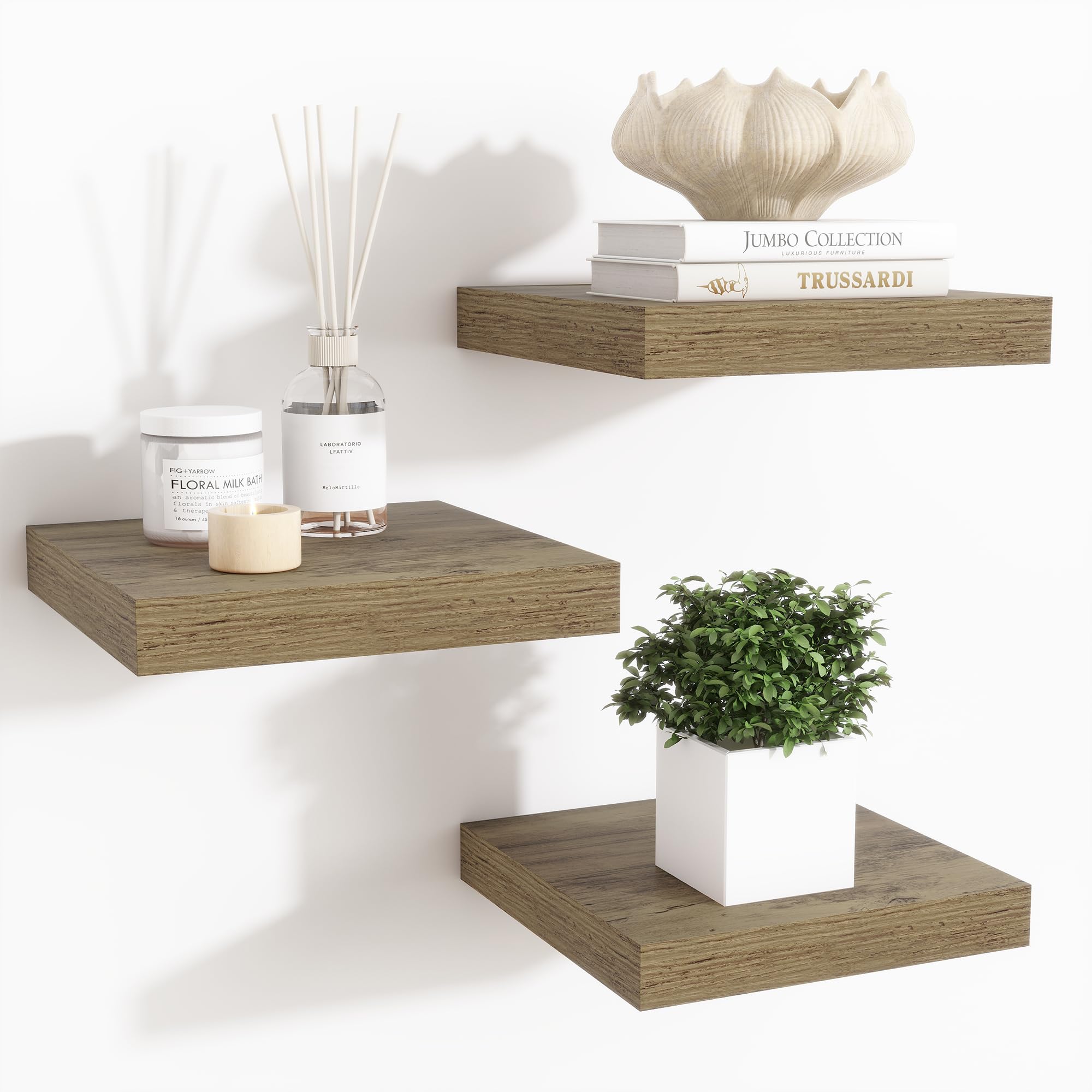 Fun Memories Floating Shelves for Wall - 7.5 Inch Square Shelves with Invisible Brackets, Small Wall Shelf for Living Room, Bathroom, Bedroom, and Kitchen Decor?Grey Set of 3