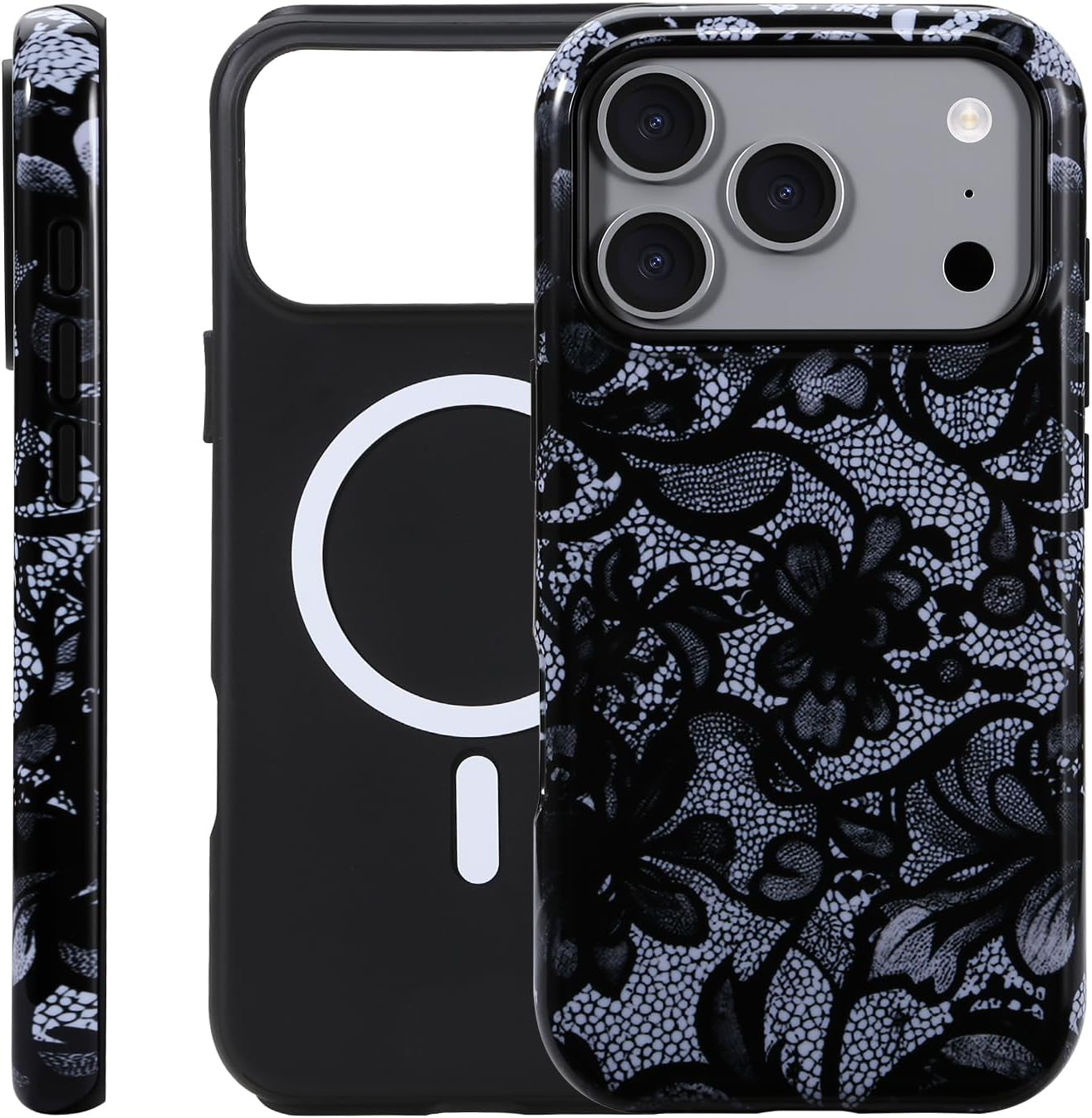 for iPhone 17 Pro Case - Wireless Charging for MagSafe, Dual-Layer Design (Outer Hard PC Shell + Inner Soft TPU Shell), Shockproof Protective Case Suitable for Girls - Lace Floral Pattern.