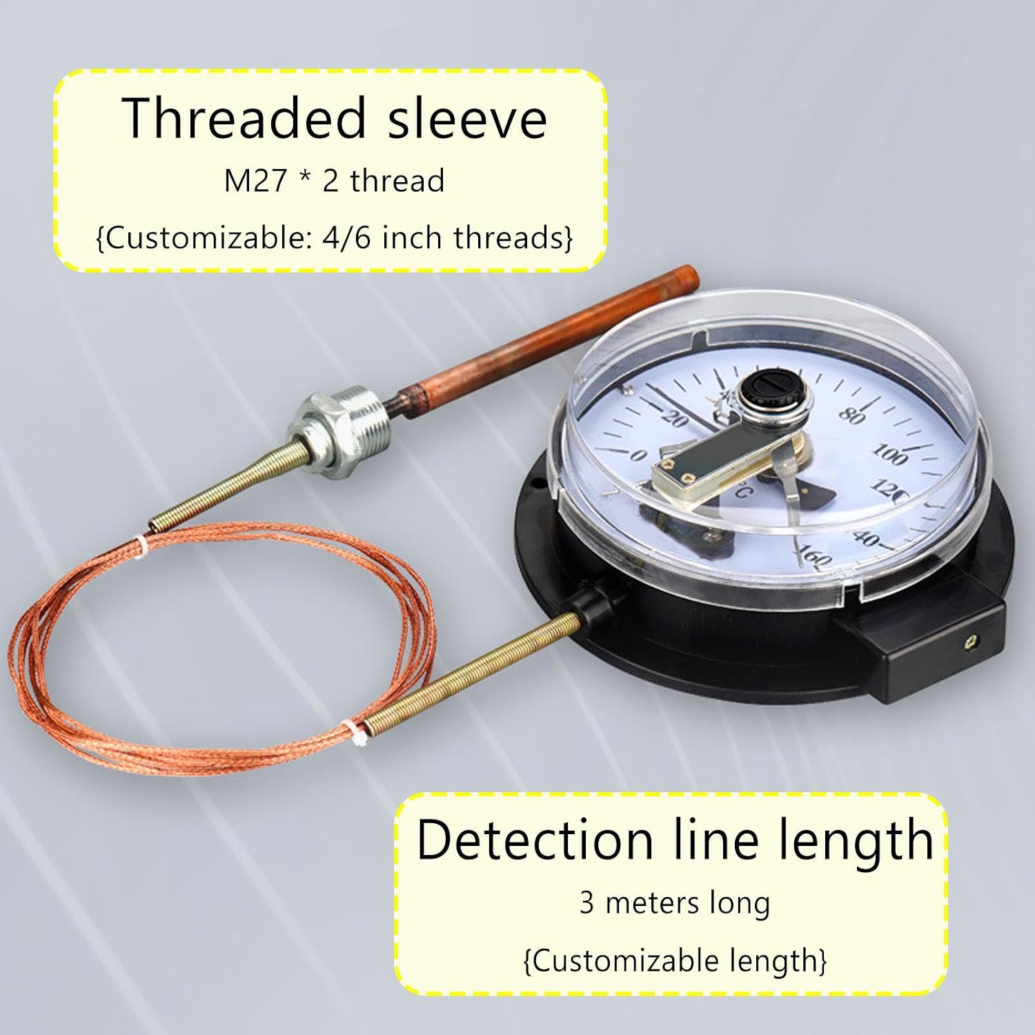 Industrial Temperature Gauge，170mm Diameter, Max. Temp. 100/120/160°C，Shock Resistant & Reliable Measurements for Professionals， Customizable Length(Size:0-160℃)