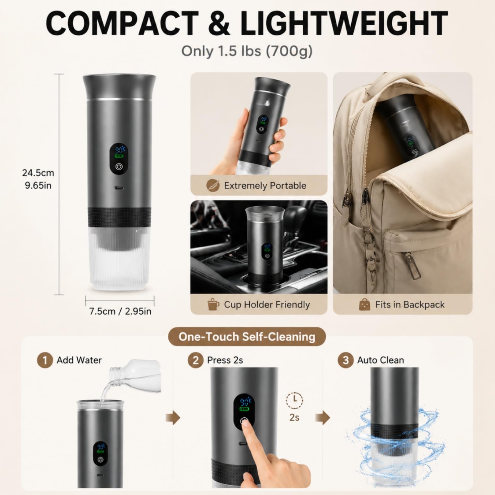 Cafetera portátil con autocalentamiento, 3 en 1, recargable, para coche, camping, viajes, compatible con cápsulas y café en polvo, gris