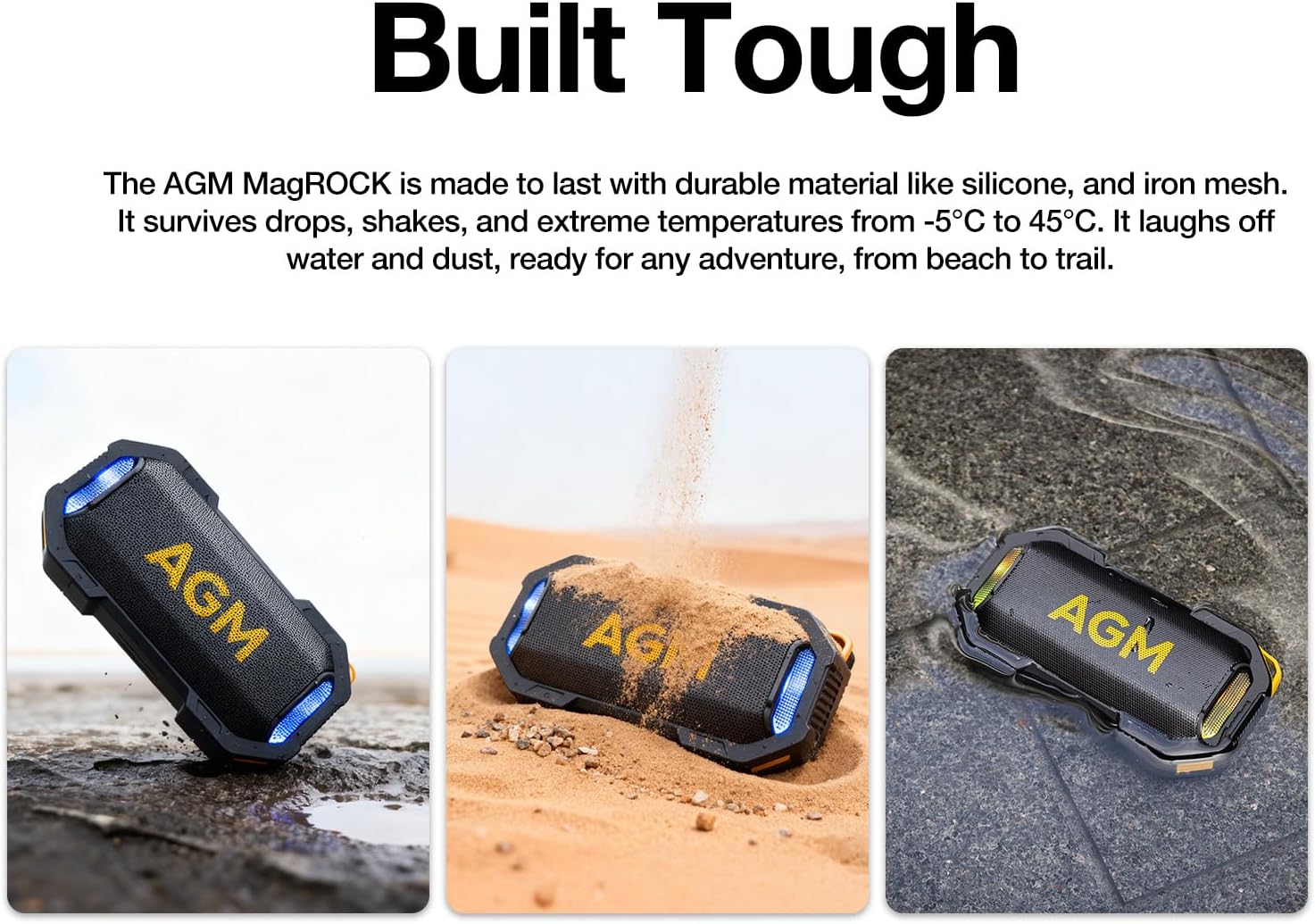 AGM MagROCK Portable Bluetooth Speaker, IP67 Waterproof, Drop-proof&Dust-proof, Bluetooth 5.3 Outdoor Speakers, Powerful Stereo Sound with Boosted Volume, Vibrant RGB Light, Magnetic Attachment Design