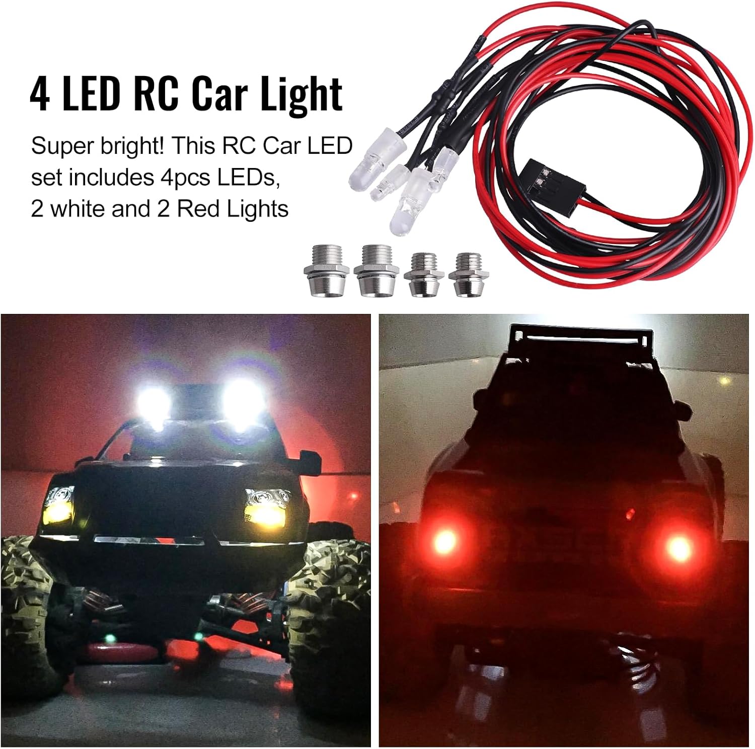 HobbyPark 4 LEDs RC Car Light Headlights Taillight Kit Accessories for Traxxas Slash 4X4 2WD Rustler VXL 4Tec 2.0 Arrma HSP Tamiya Redcat RC4WD Axial SCX10 Truck Tank Crawler(2 Red +2 White)