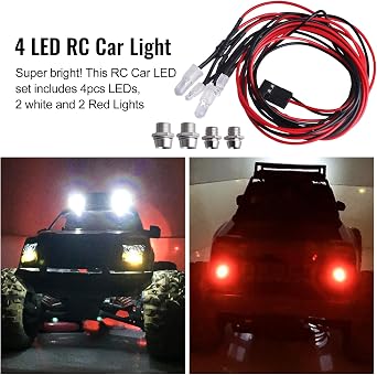HobbyPark 4 LEDs RC Car Light Headlights Taillight Kit Accessories for Traxxas Slash 4X4 2WD Rustler VXL 4Tec 2.0 Arrma HSP Tamiya Redcat RC4WD Axial SCX10 Truck Tank Crawler(2 Red +2 White)