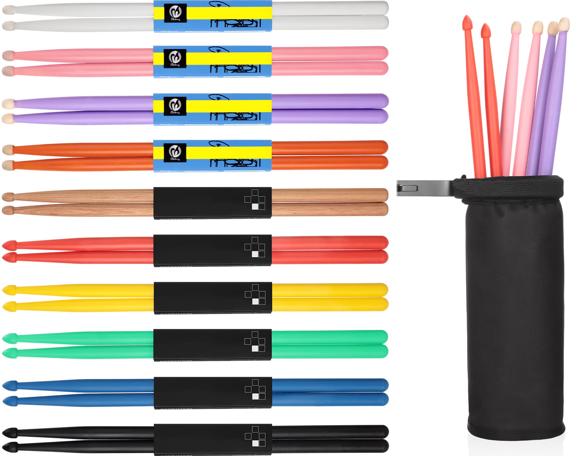 10 Pairs Drum Sticks 5A Nylon Exercise Drumsticks 5A Classic Wood Drumsticks Rock Musical Instrument Percussion Accessories with Nylon Drumstick Holder for Kids Adults Student Band, Assorted Colors