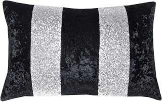 Red Rainbow Luxury Crushed Velvet & Silver Glitter Stripes Sparkle Cushion Cover (Black & Silver, 12" x 18")