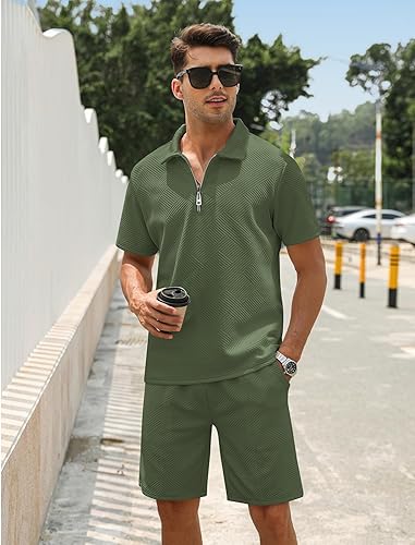 Miniatura 2 de EISHOPEER Conjunto de camisa polo y pantalones cortos para hombre, con cremallera de moda, trajes de 2 piezas