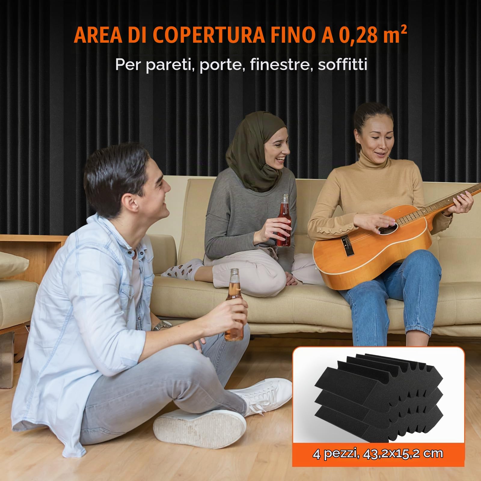 VEVOR Pannelli Acustici in Schiuma, 4 Pezzi 420 x 160 x 300 mm, Pannelli Acustici Adesivi ad Alta Densità, Pannello Acustico, Pannello Fonoassorbente per Pareti e Soffitti di Studi, Nero