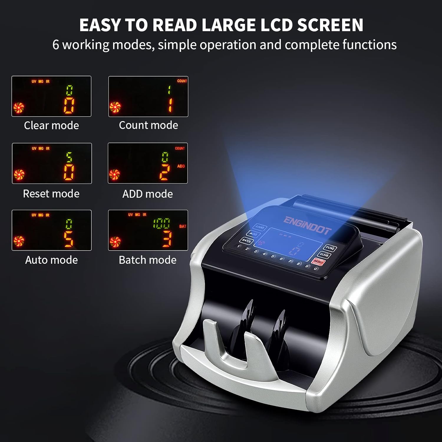 ENGINDOT Bill Counter LCD screen showing different working modes