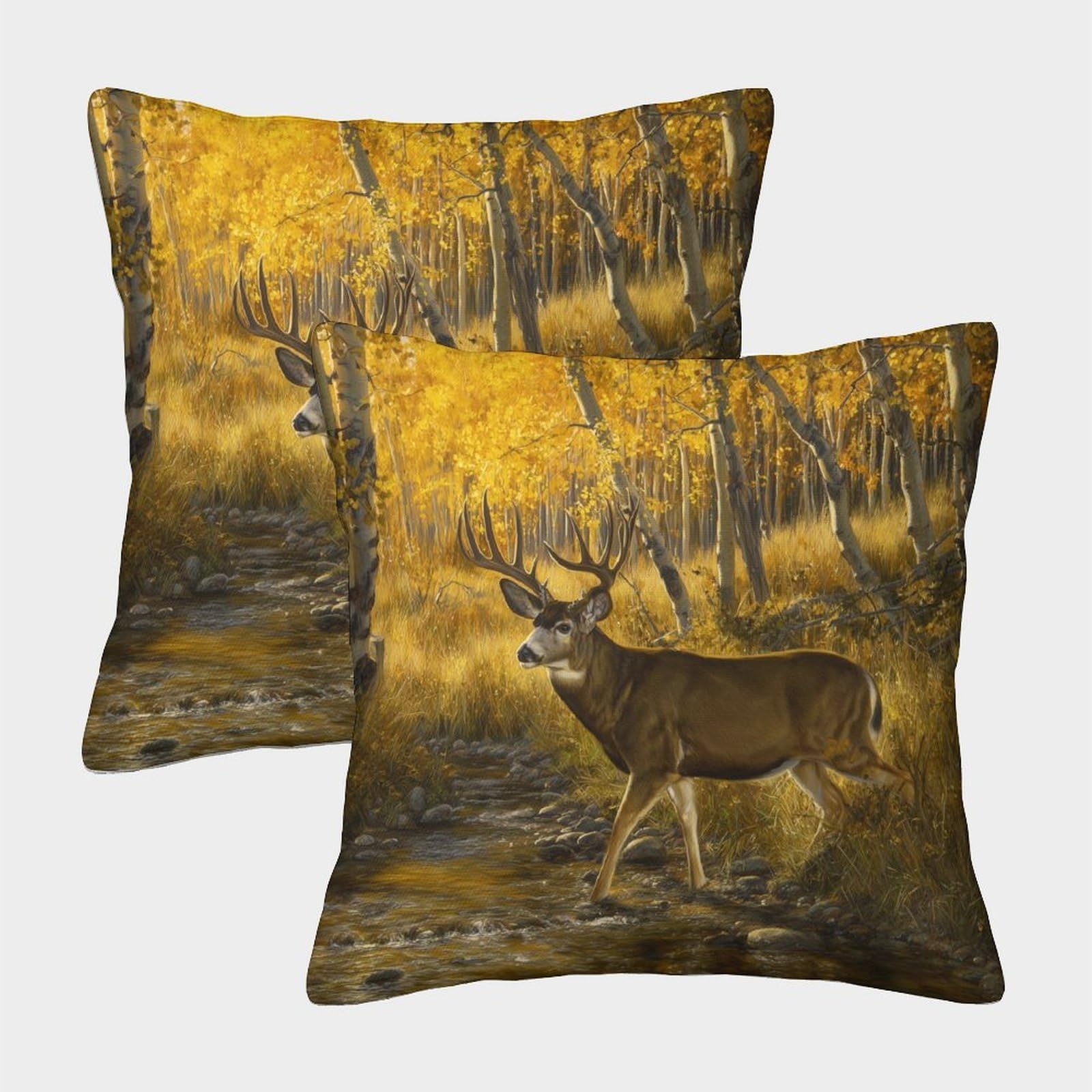 kaiyun 2 Pack Deer Drinking Water from Stream of Golden Aspen Trees 3D Image Printed Single-sided Cushion Cover 50x50cm