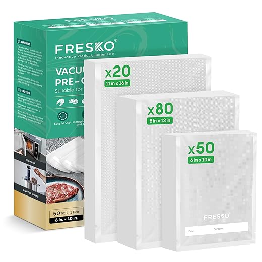 FRESKO Vacuum Sealer Bags 150 Count, Seal a Meal Vac Bag Sealer Machines, 50 of Each Size 50 Pint 6"X10",50 Quart 8"X12"and 50 Gallon11"X16" BPA Free, Heavy Bag, Great for Sous Vide Bag Meal Prep
