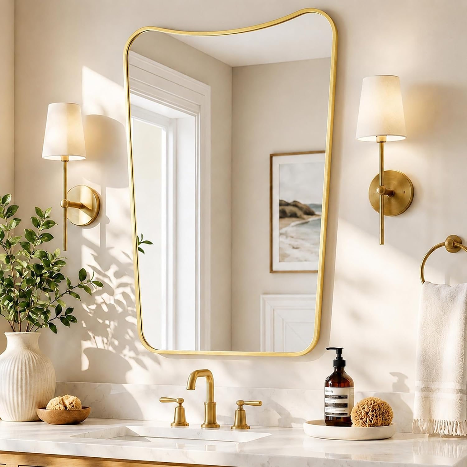 Pocetry Brushed Gold Wavy Top Wall Mirror 24x36 Inch | Aluminum Frame, Tempered Glass, Vertical Mount