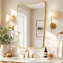 24x36 Inch Wavy Top Bathroom Vanity Mirror, Brushed Gold
